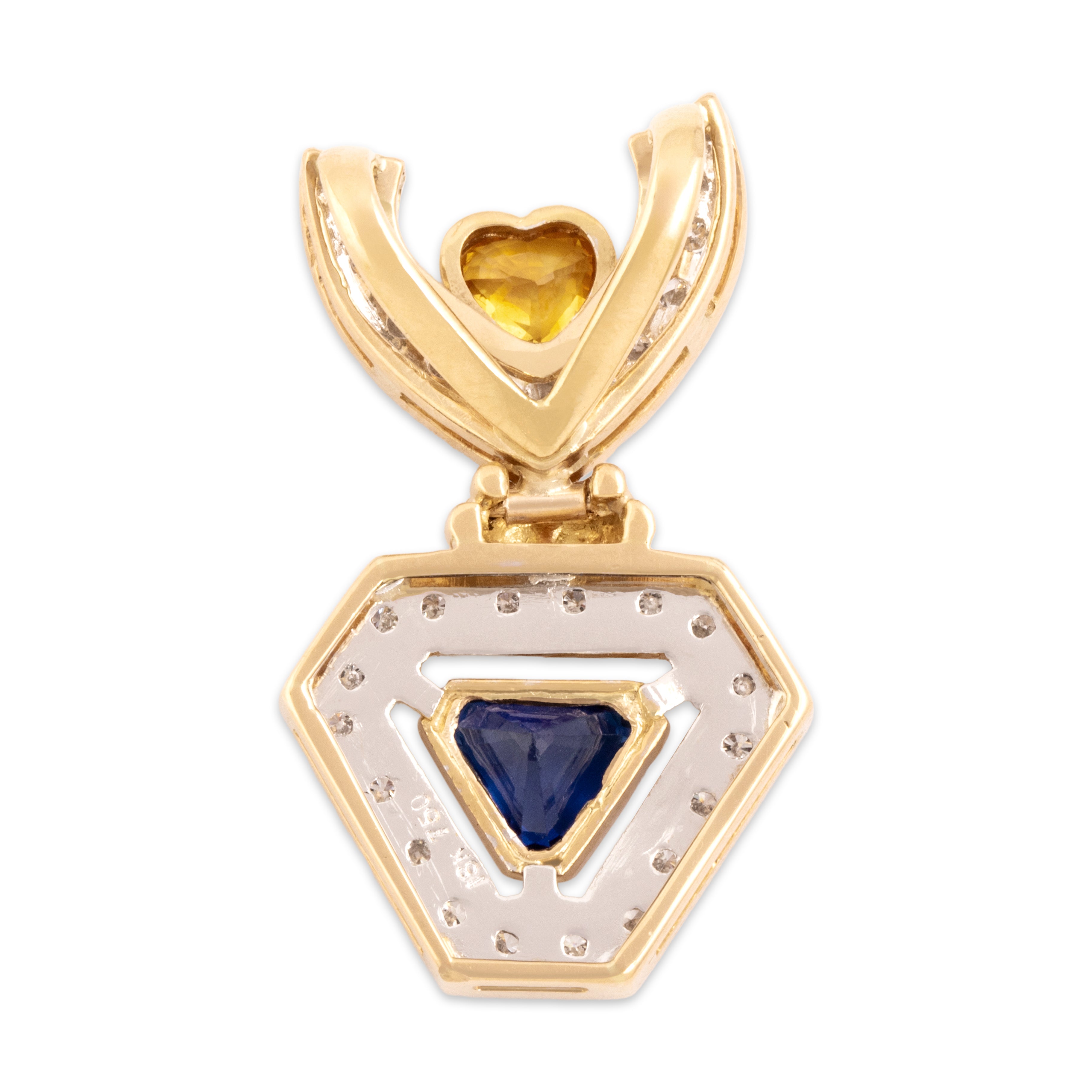 Vintage 18k Yellow & White Gold 1.46cttw Yellow Blue Sapphire Diamond Fabulous Bright Geometric Heart Slide Pendant - Back view