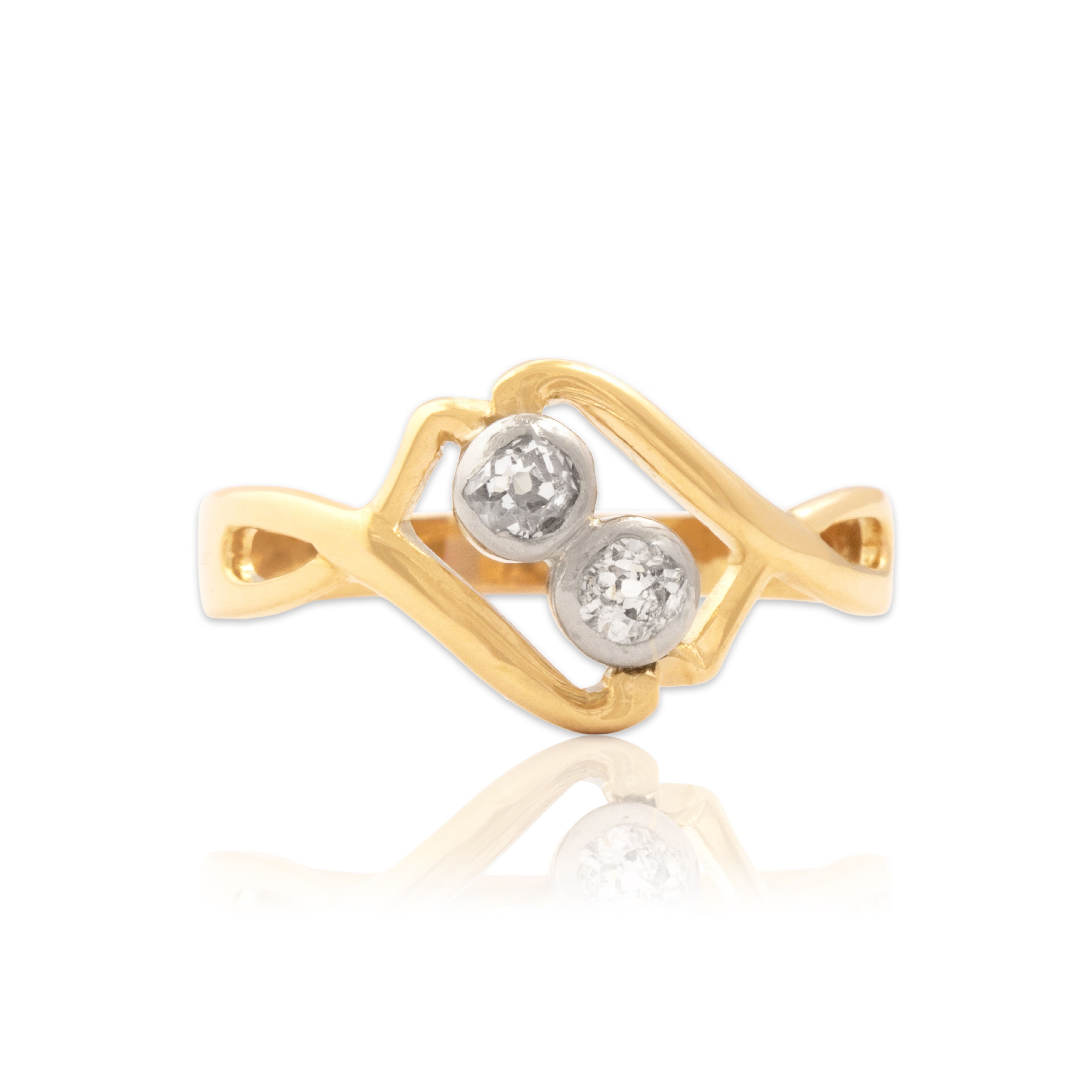 Antique 18k Yellow Gold & Silver Old Mine Diamond Sinuous Bezel Bypass Ring 7.50