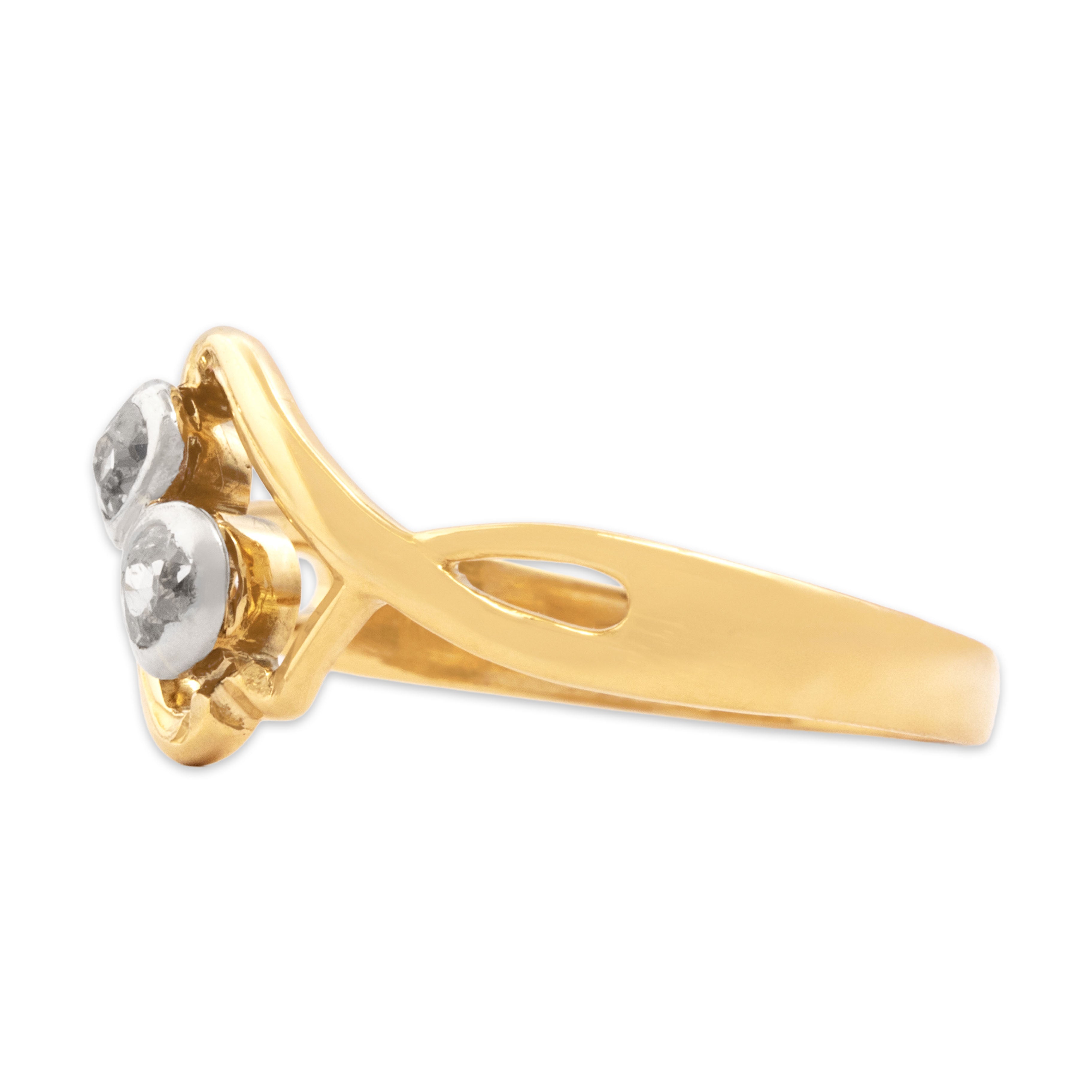 Antique 18k Yellow Gold & Silver Old Mine Diamond Sinuous Bezel Bypass Ring 7.50