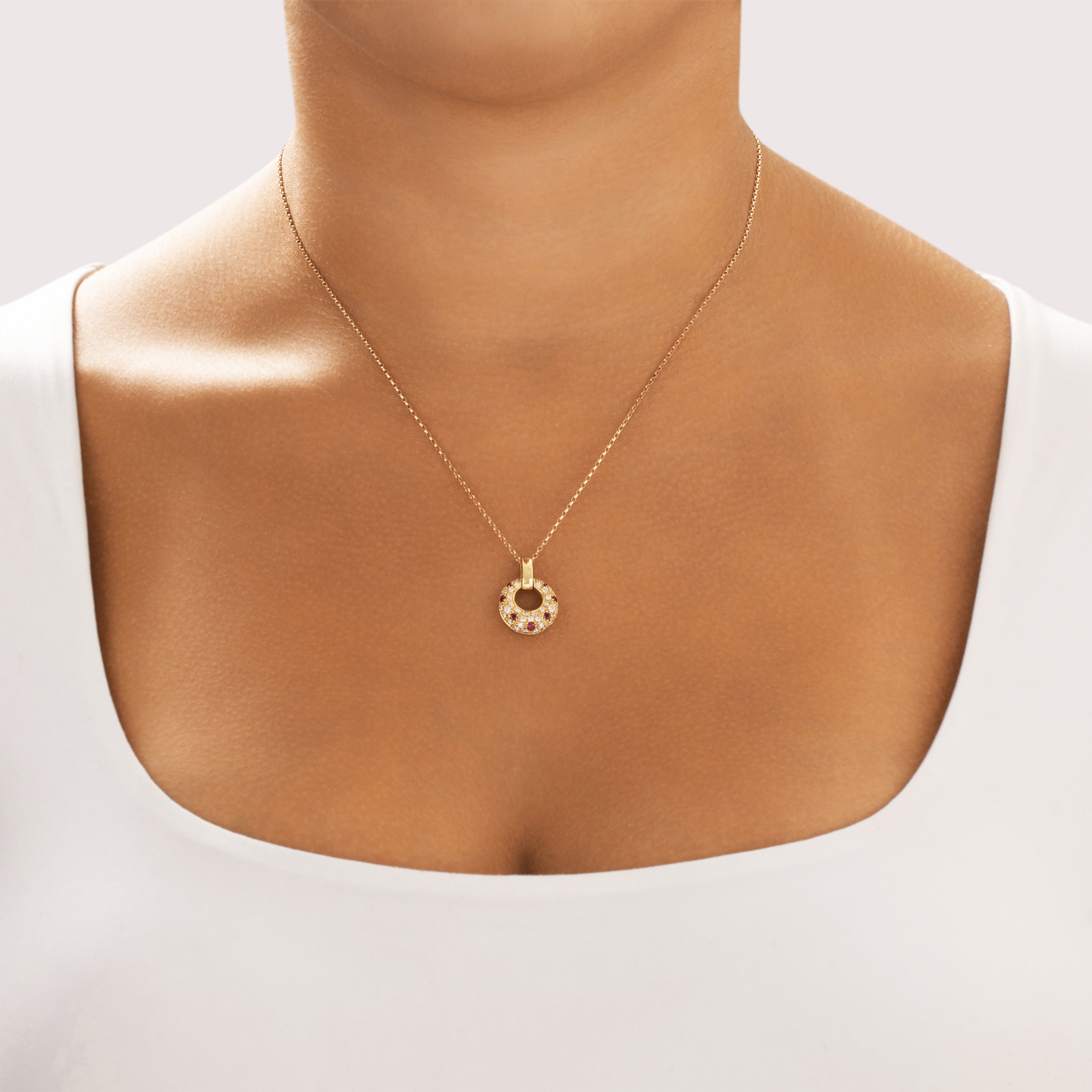 Vintage 18k Yellow Gold Diamond Ruby Sparkling Pavã© Disc Pendant - On model view