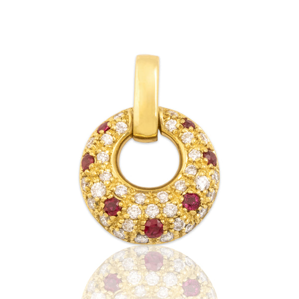 Vintage 18k Yellow Gold Diamond Ruby Sparkling Pavé Disc Pendant