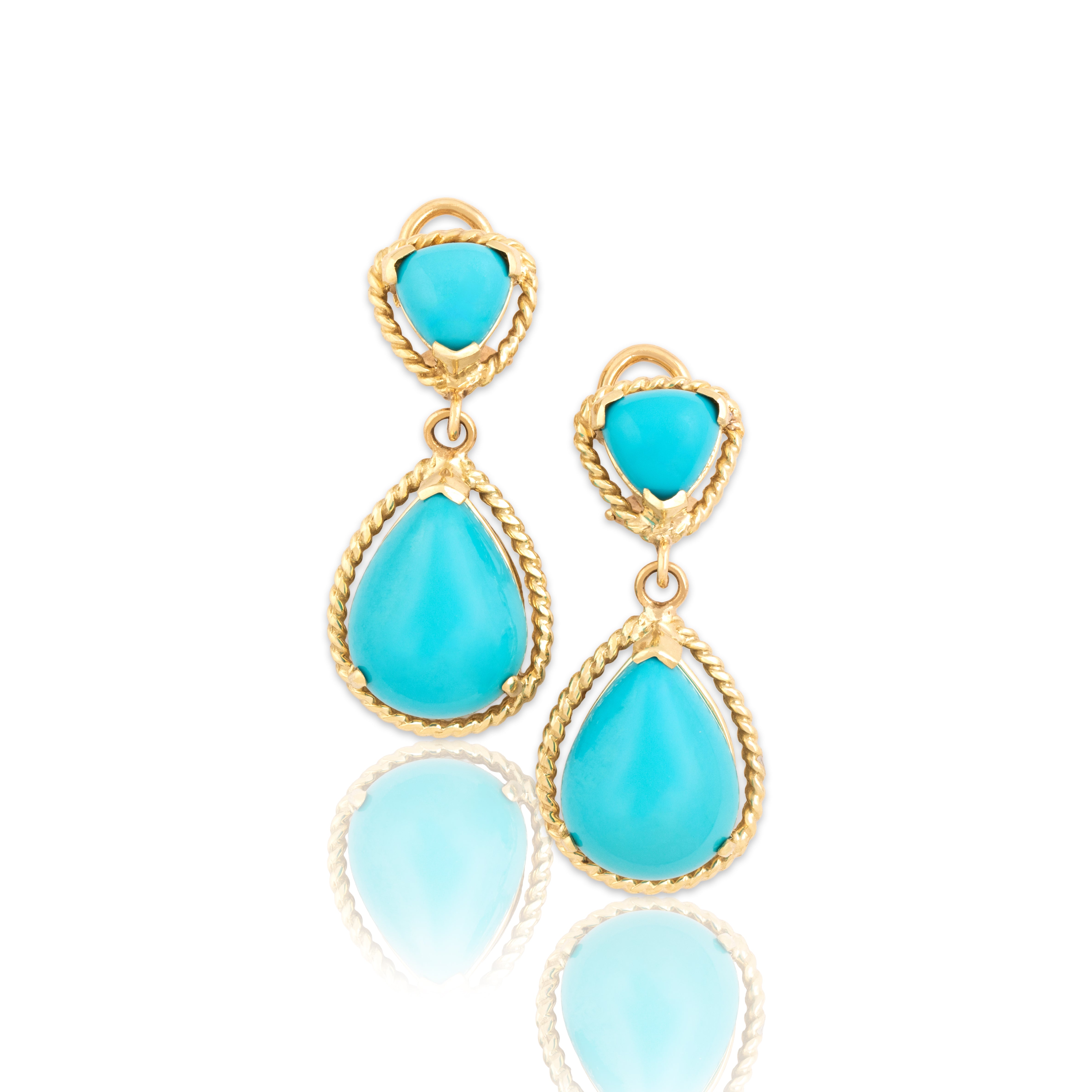 Vintage Heavy 14k Yellow Gold 14.54cttw Turquoise Rope-Framed Omega-Back Dangle Earrings - Close-up view