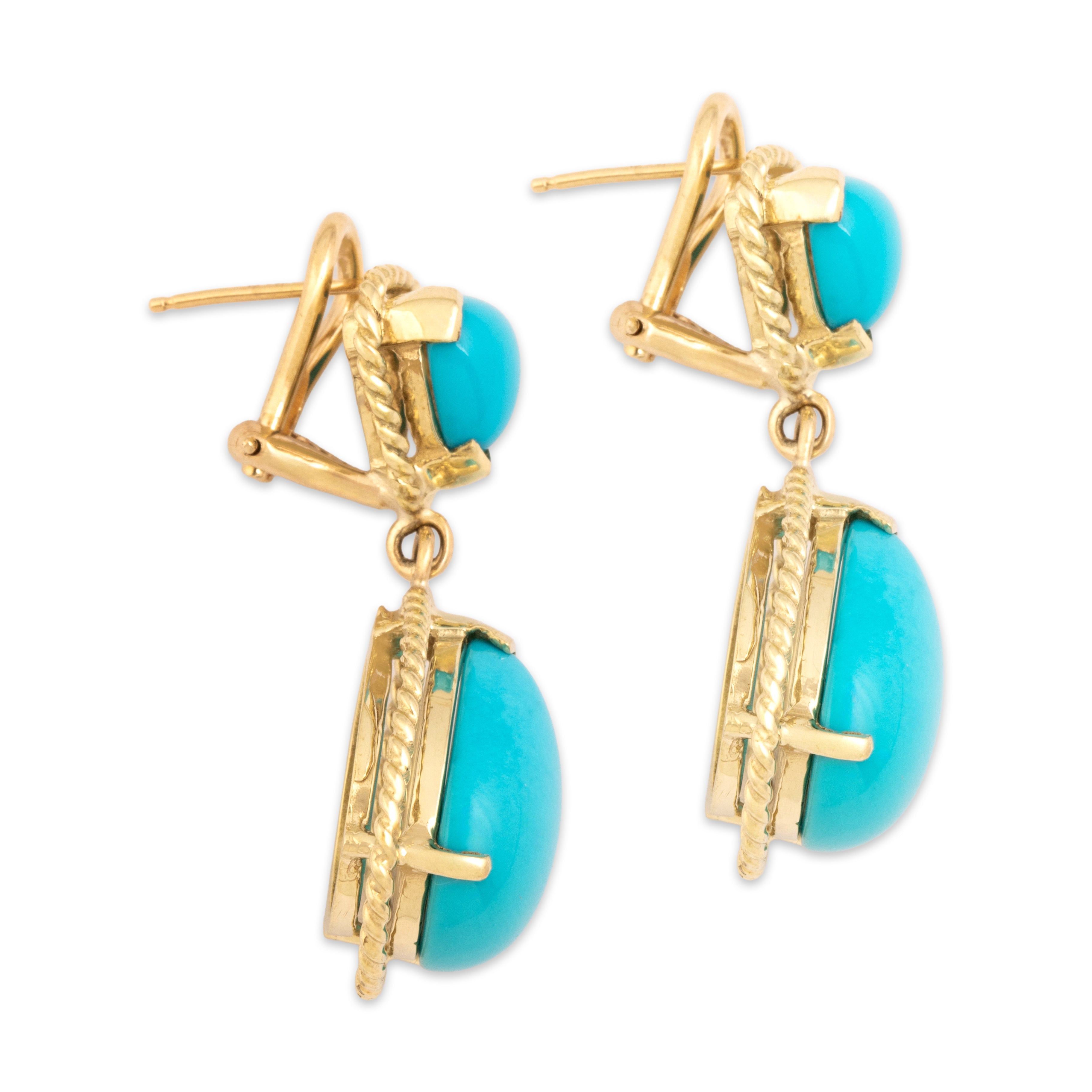 Vintage Heavy 14k Yellow Gold 14.54cttw Turquoise Rope-Framed Omega-Back Dangle Earrings - Side view