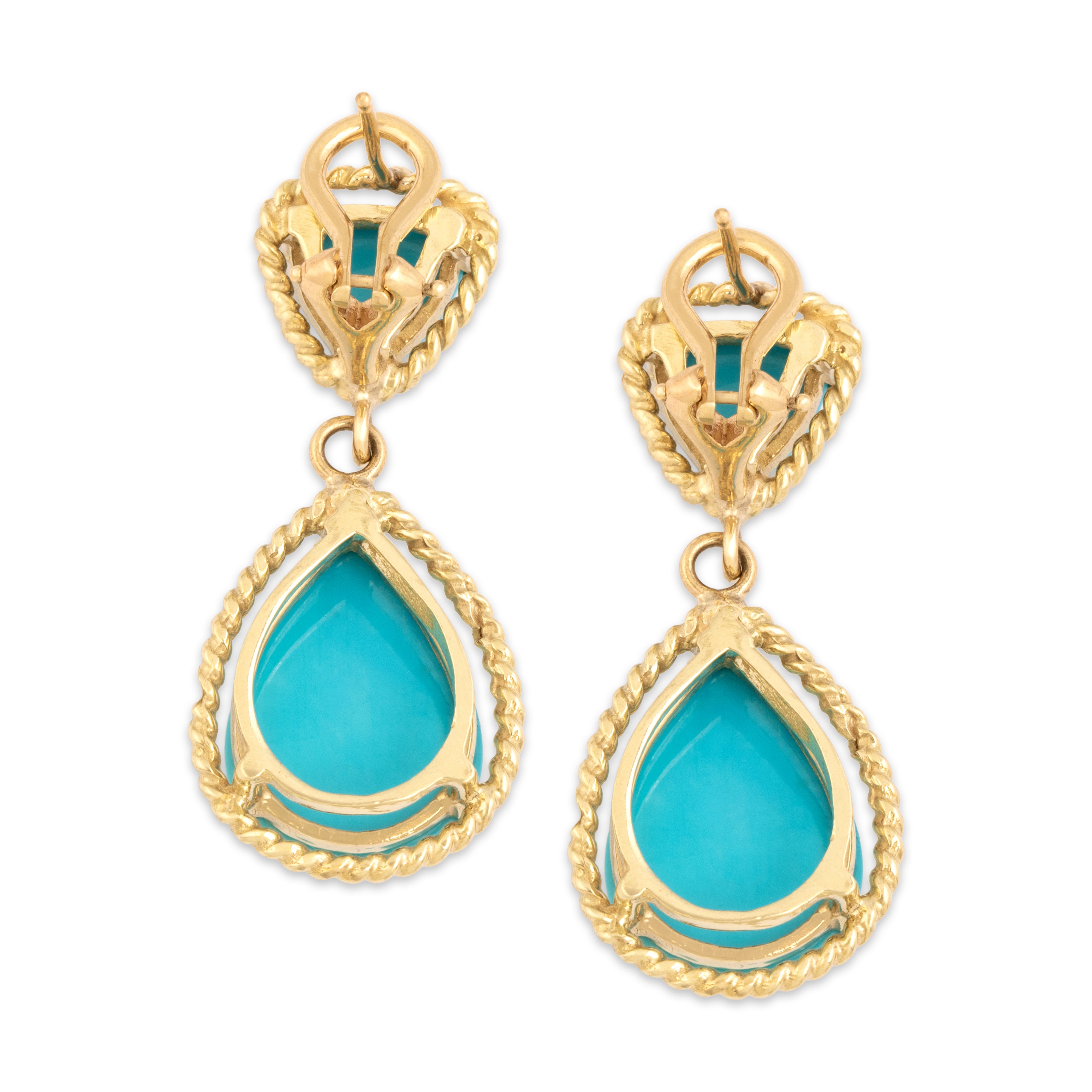 Vintage Heavy 14k Yellow Gold 14.54cttw Turquoise Rope-Framed Dangle Earrings