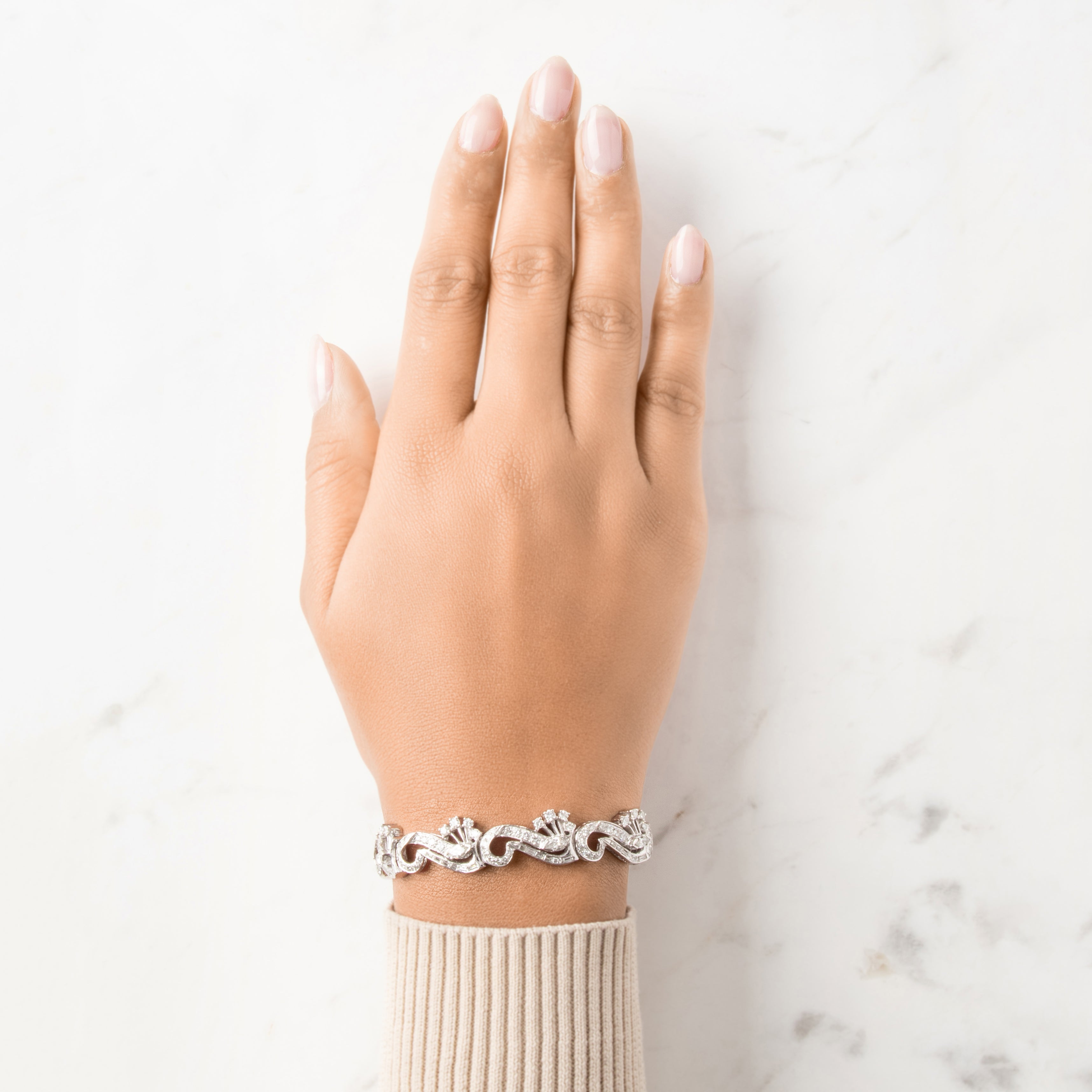 Vintage Mid-Century Platinum 6.38cttw Diamond Superb Dazzling Accent Link Bracelet - On model view