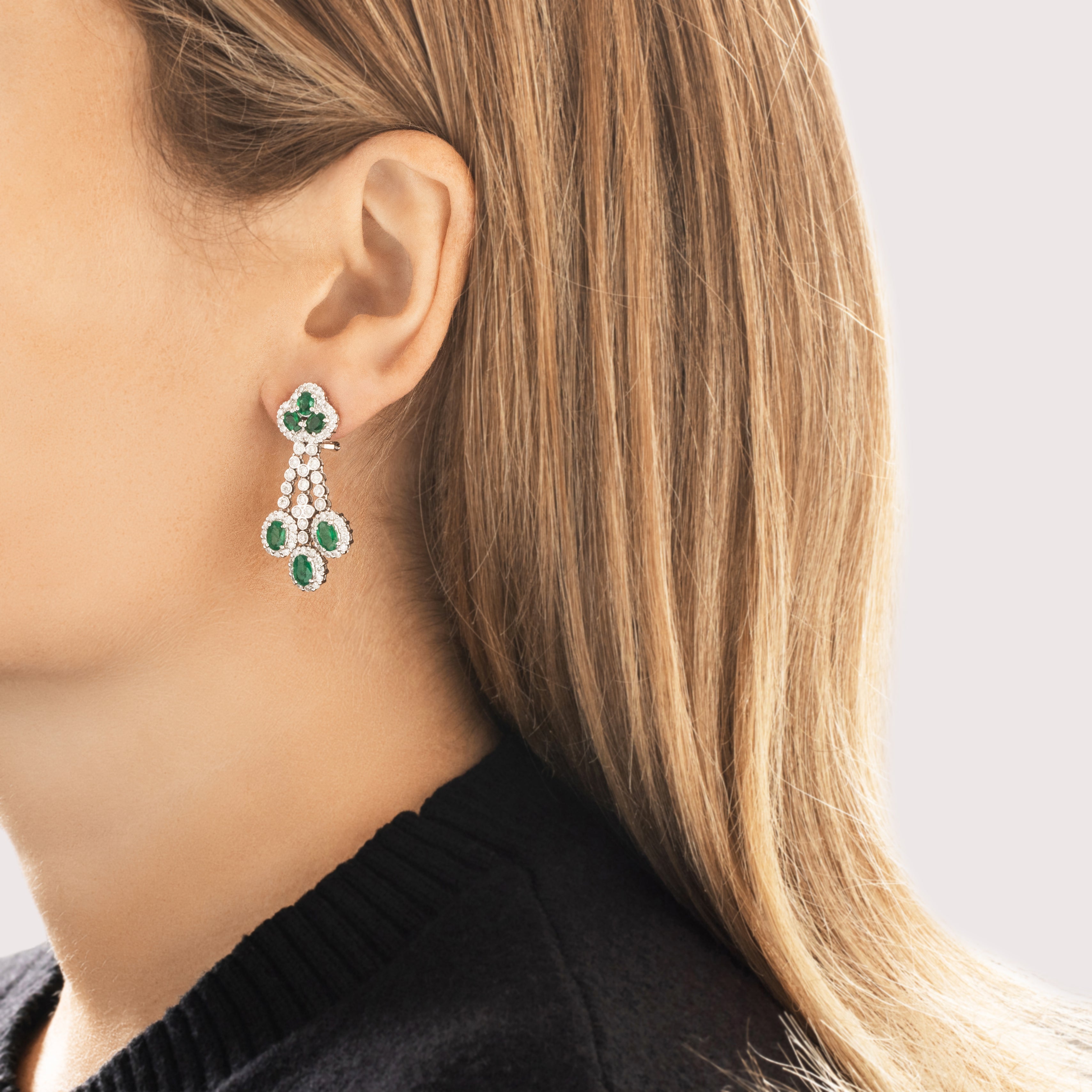 Estate Substantial 18k White Gold [Custom Carat] Sparkling Omega-Back Dangle Earrings - On model view