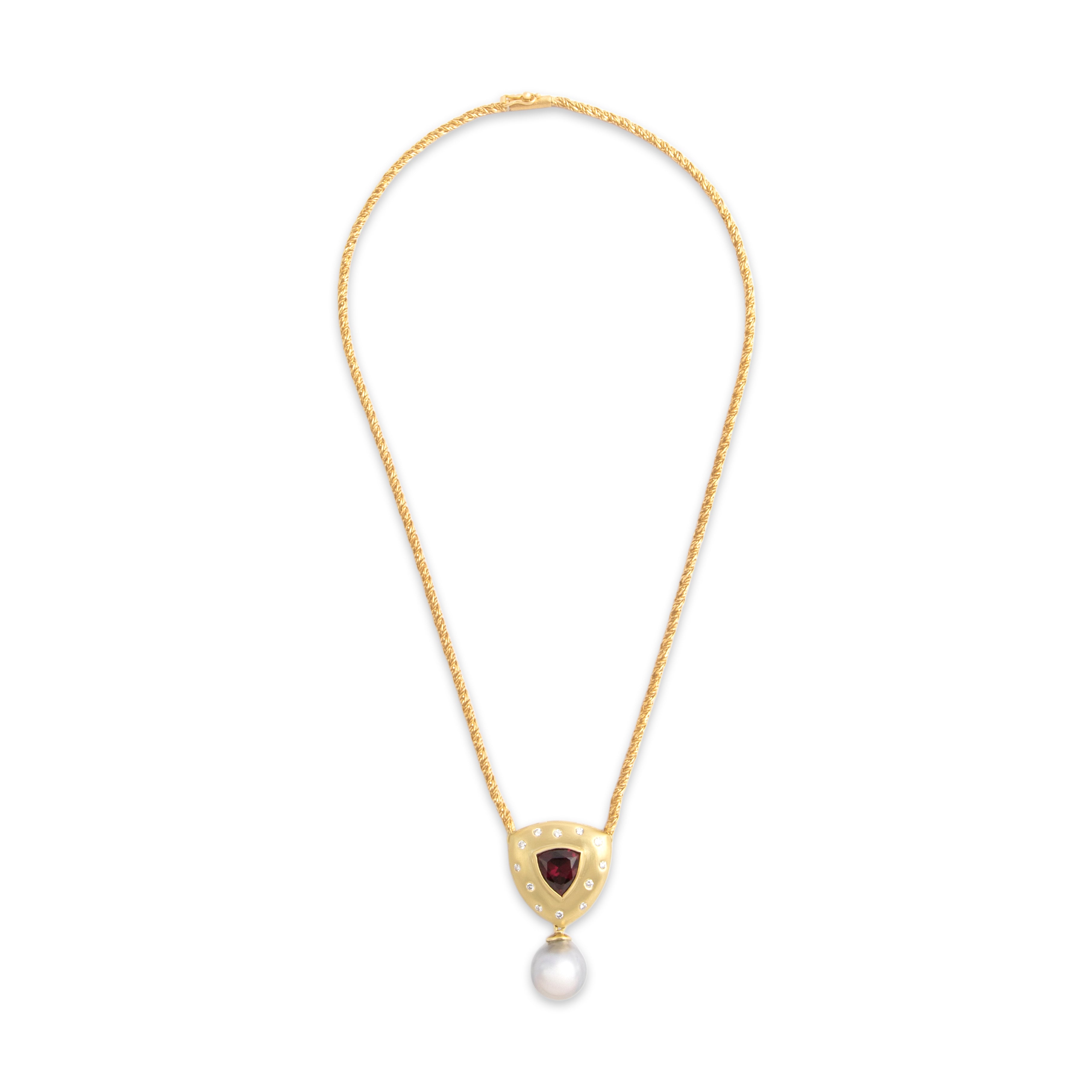 Vintage 18k Yellow Gold 4.04ct Garnet Diamond Pearl Incredible Artistic Brushed Shield Twisting Chain Necklace - Overall view