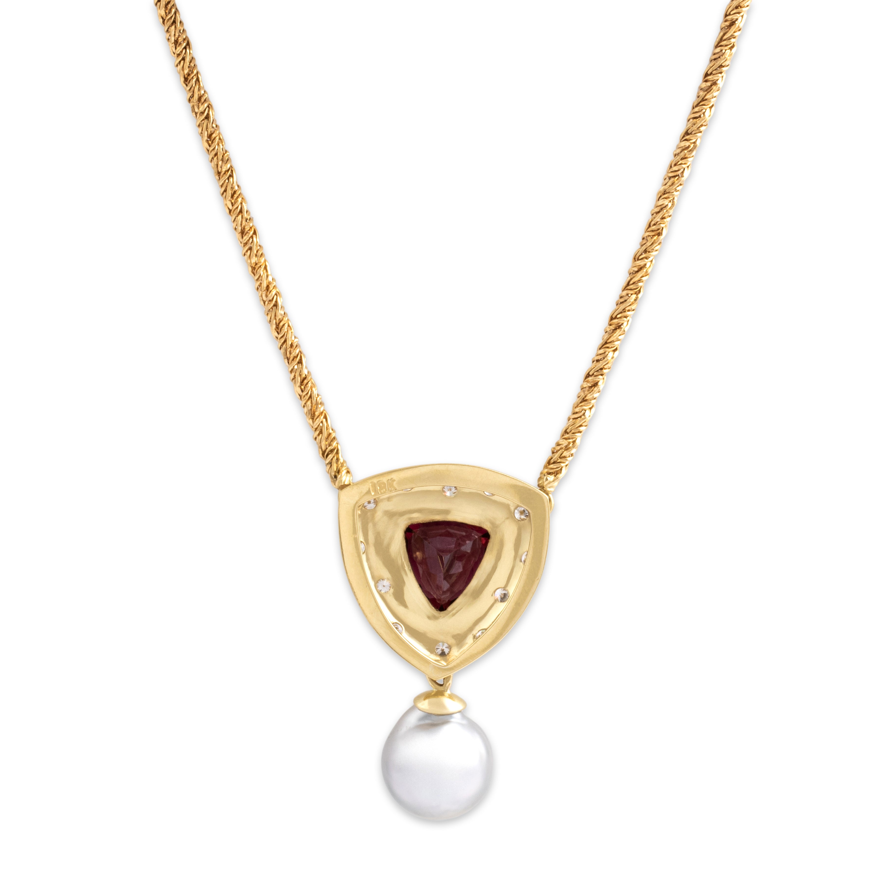 Vintage 18k Yellow Gold 4.04ct Garnet Diamond Pearl Incredible Artistic Brushed Shield Twisting Chain Necklace - Back view
