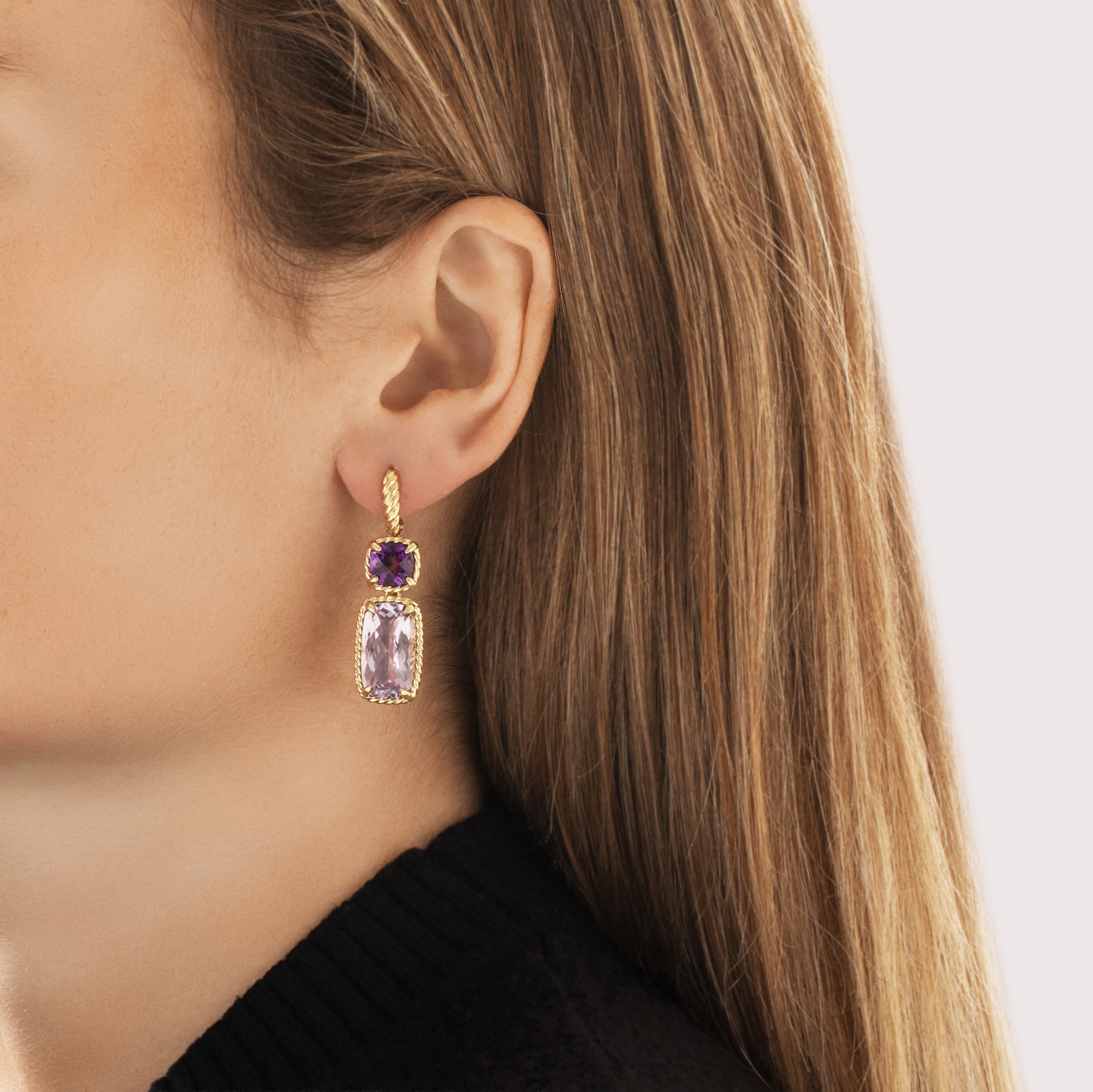 Estate David Yurman 18k Yellow Gold 19.19cttw Amethyst Fabulous Framed Checkerboard-Cut Dangle Earrings - On model view