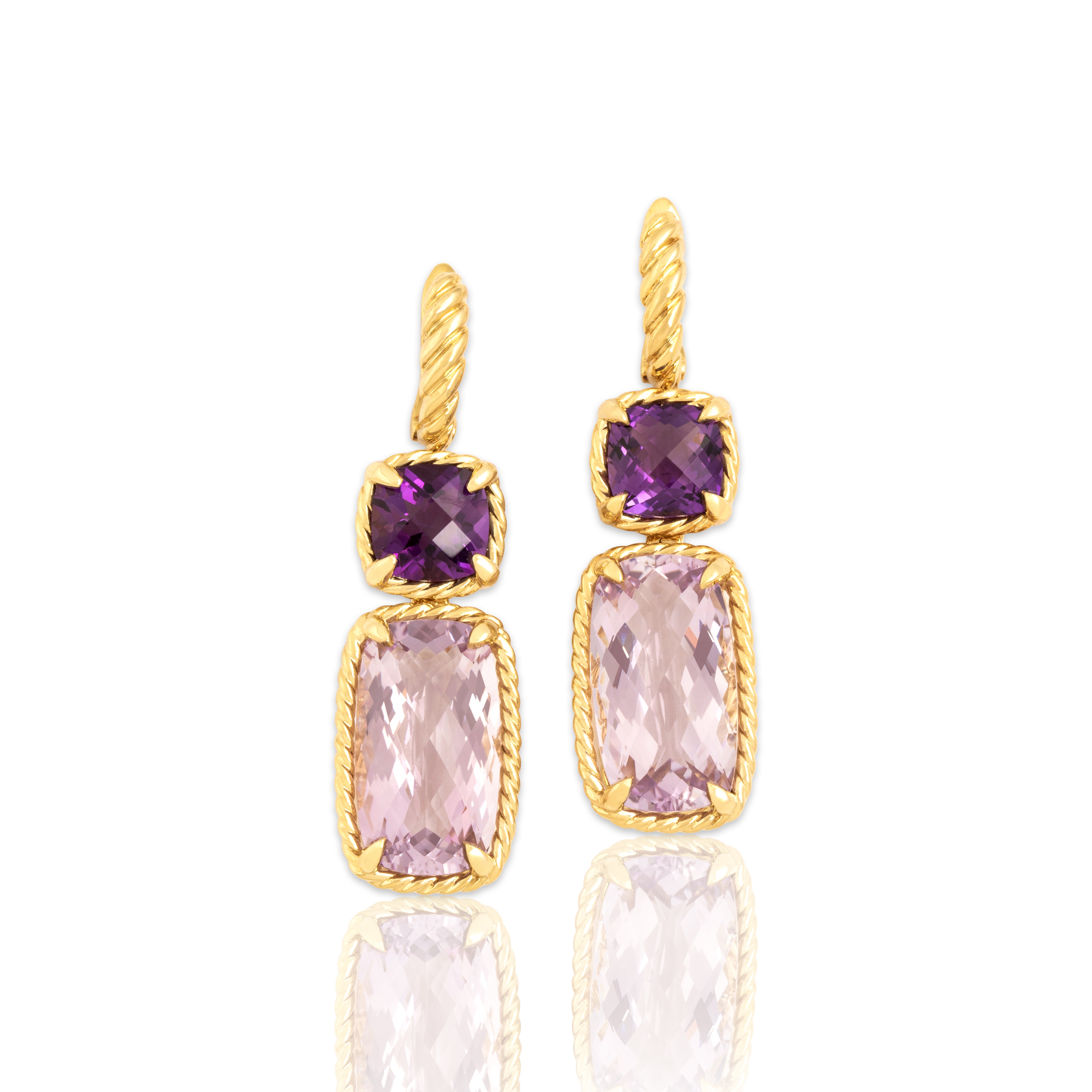 Estate David Yurman 18k Yellow Gold 19.19cttw Amethyst Fabulous Framed Checkerboard-Cut Dangle Earrings - Close-up view