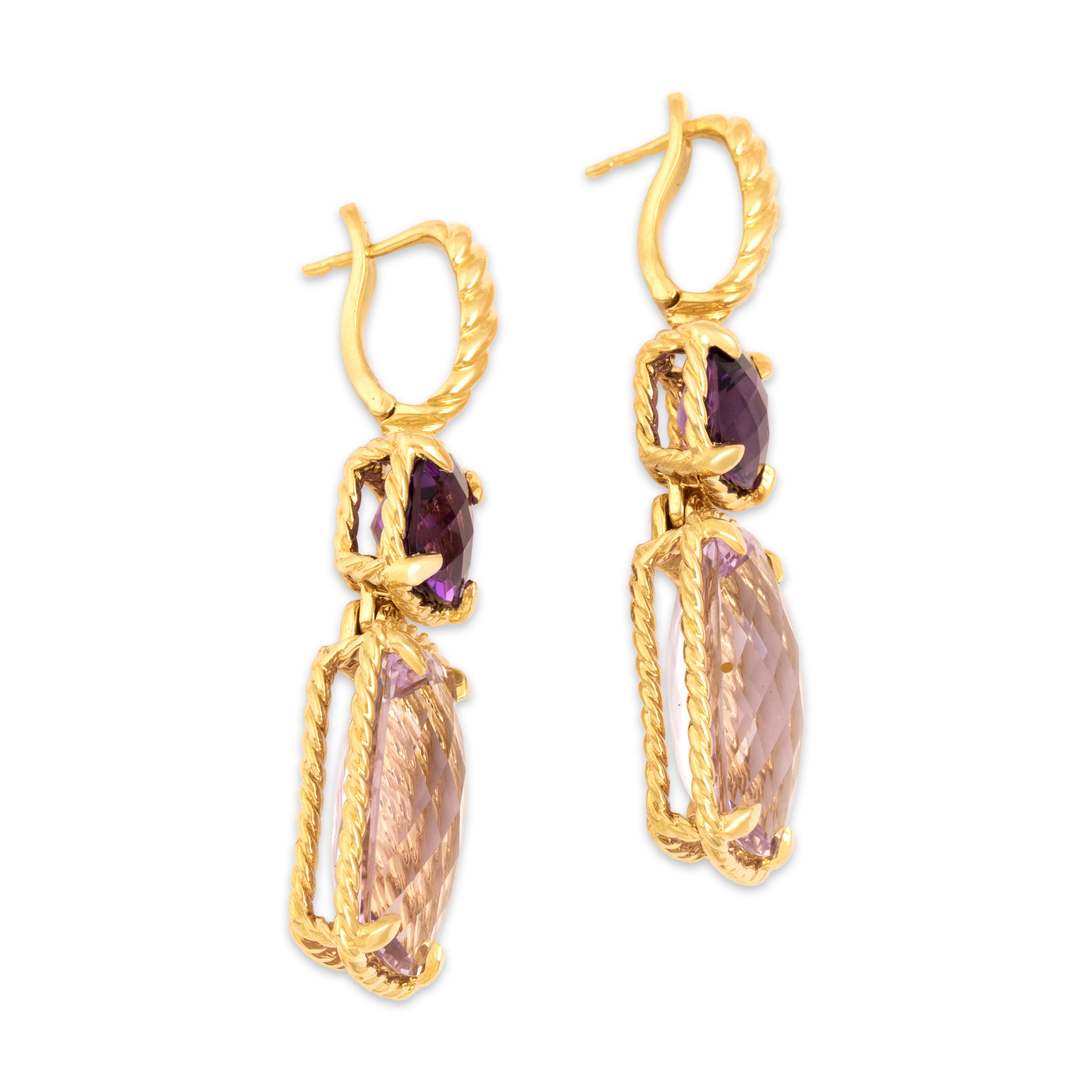 Estate David Yurman 18k Yellow Gold 19.19cttw Amethyst Fabulous Framed Checkerboard-Cut Dangle Earrings - Side view