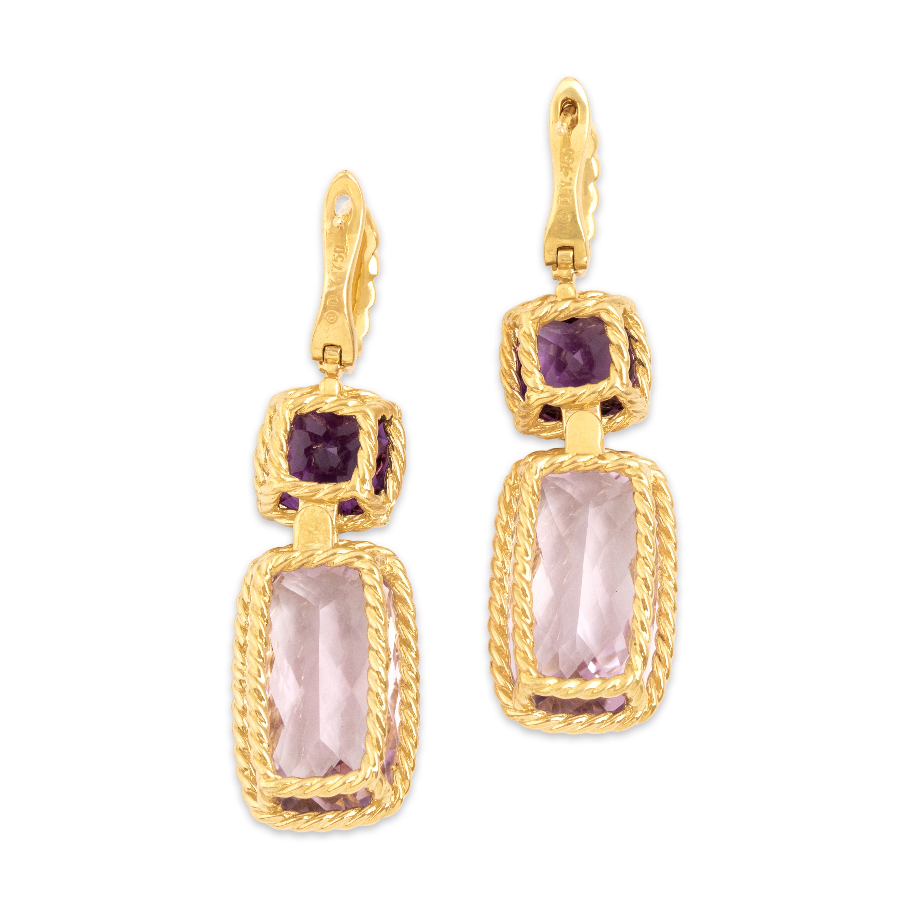 Estate David Yurman 18k Yellow Gold 19.19cttw Amethyst Fabulous Framed Checkerboard-Cut Dangle Earrings - Back view