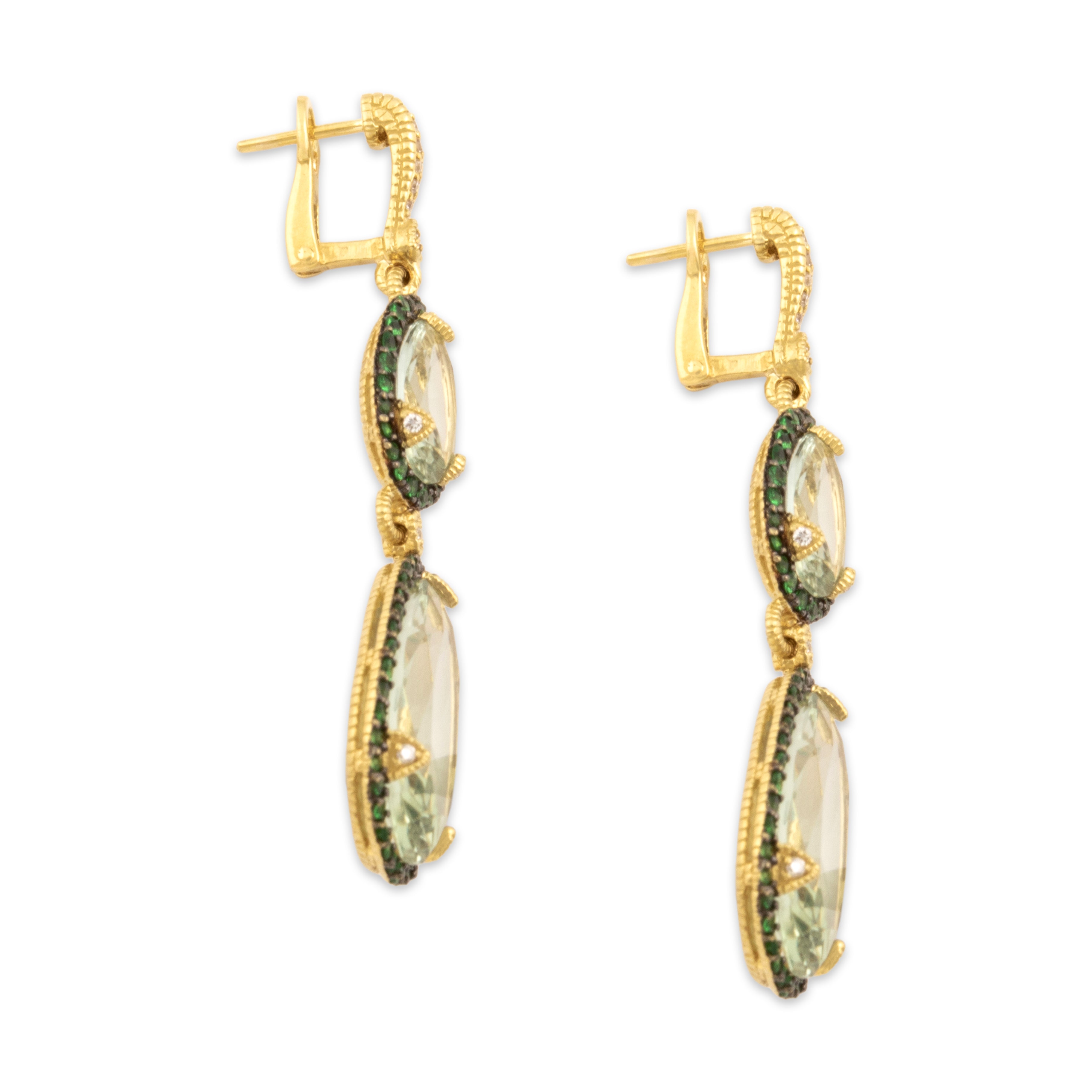 Estate Judith Ripka 18k Yellow Gold 13.17cttw Prasiolite 1.07cttw Tsavorite Garnet Diamond Fabulous Vivid Halo Dangle Earrings - Side view