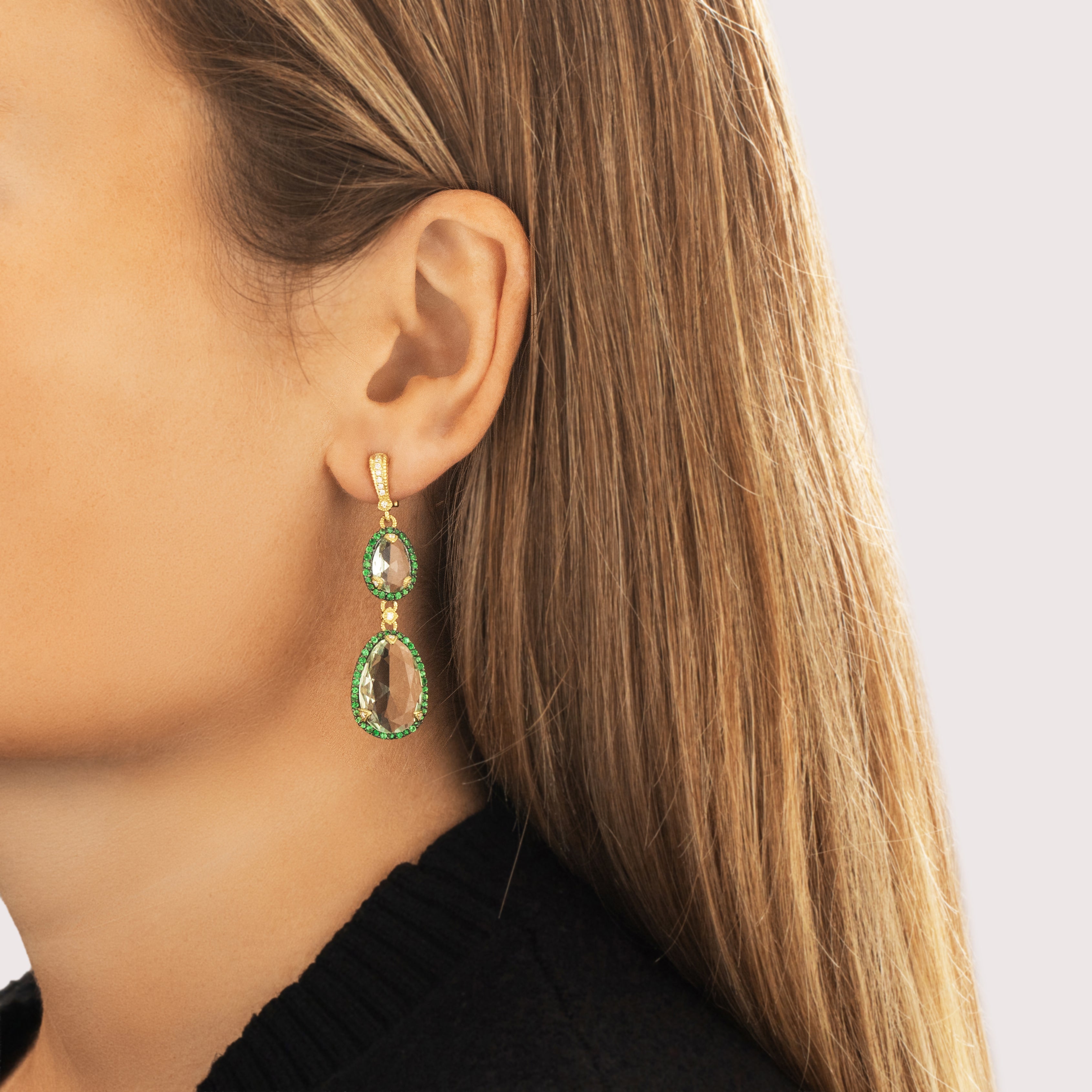 Estate Judith Ripka 18k Yellow Gold 13.17cttw Prasiolite 1.07cttw Tsavorite Garnet Diamond Fabulous Vivid Halo Dangle Earrings - On model view