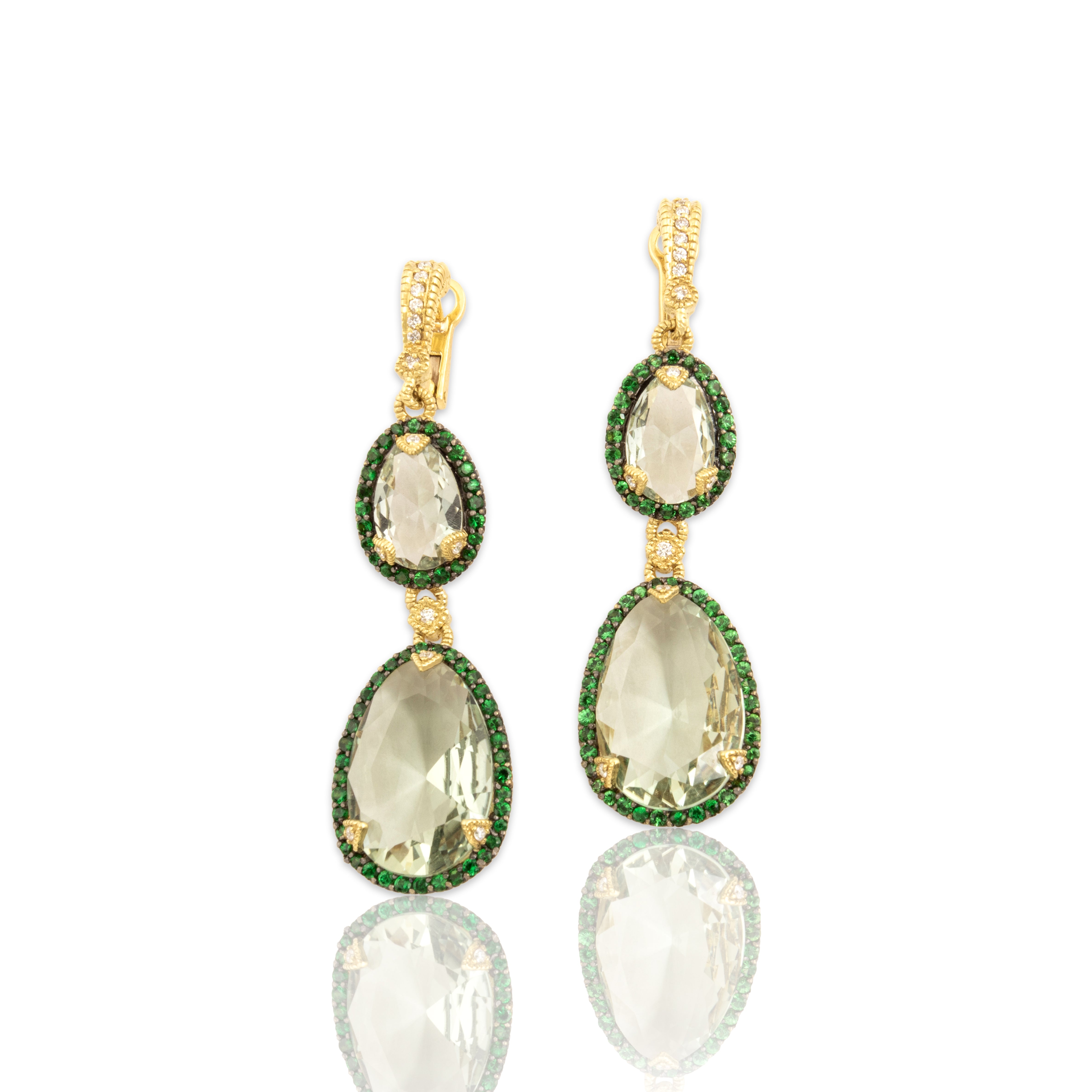 Estate Judith Ripka 18k Yellow Gold 13.17cttw Prasiolite 1.07cttw Tsavorite Garnet Diamond Fabulous Vivid Halo Dangle Earrings - Close-up view