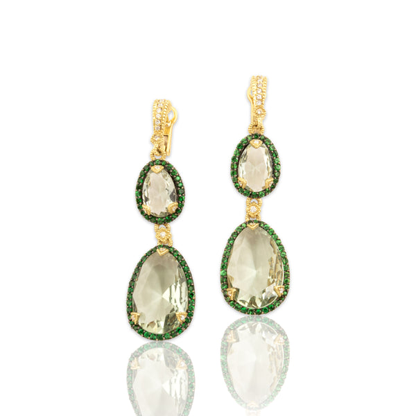 Estate Large 18k Yellow Gold 13.17cttw Prasiolite 1.07cttw Tsavorite Garnet Diamond Earrings
