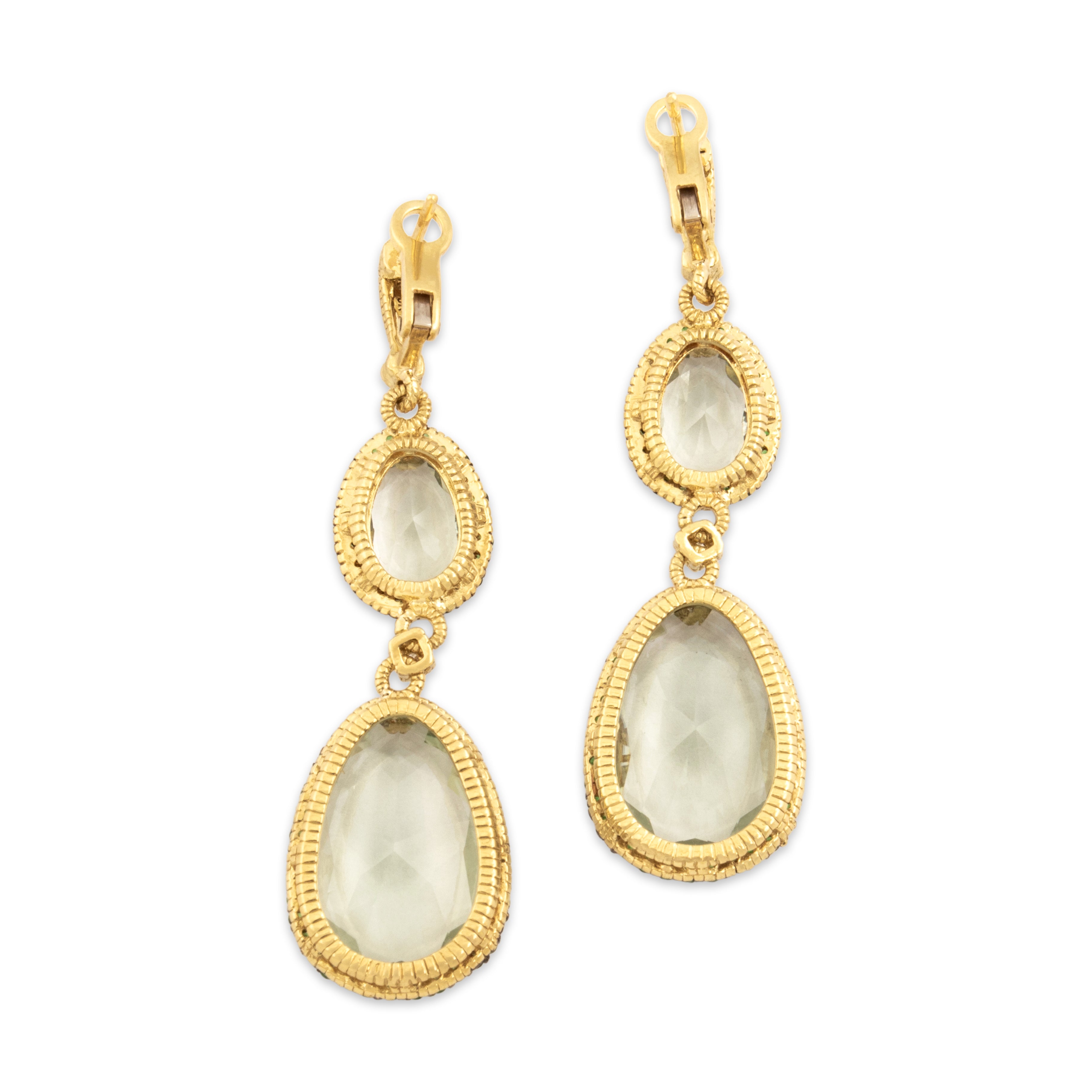 Estate Judith Ripka 18k Yellow Gold 13.17cttw Prasiolite 1.07cttw Tsavorite Garnet Diamond Fabulous Vivid Halo Dangle Earrings - Back view