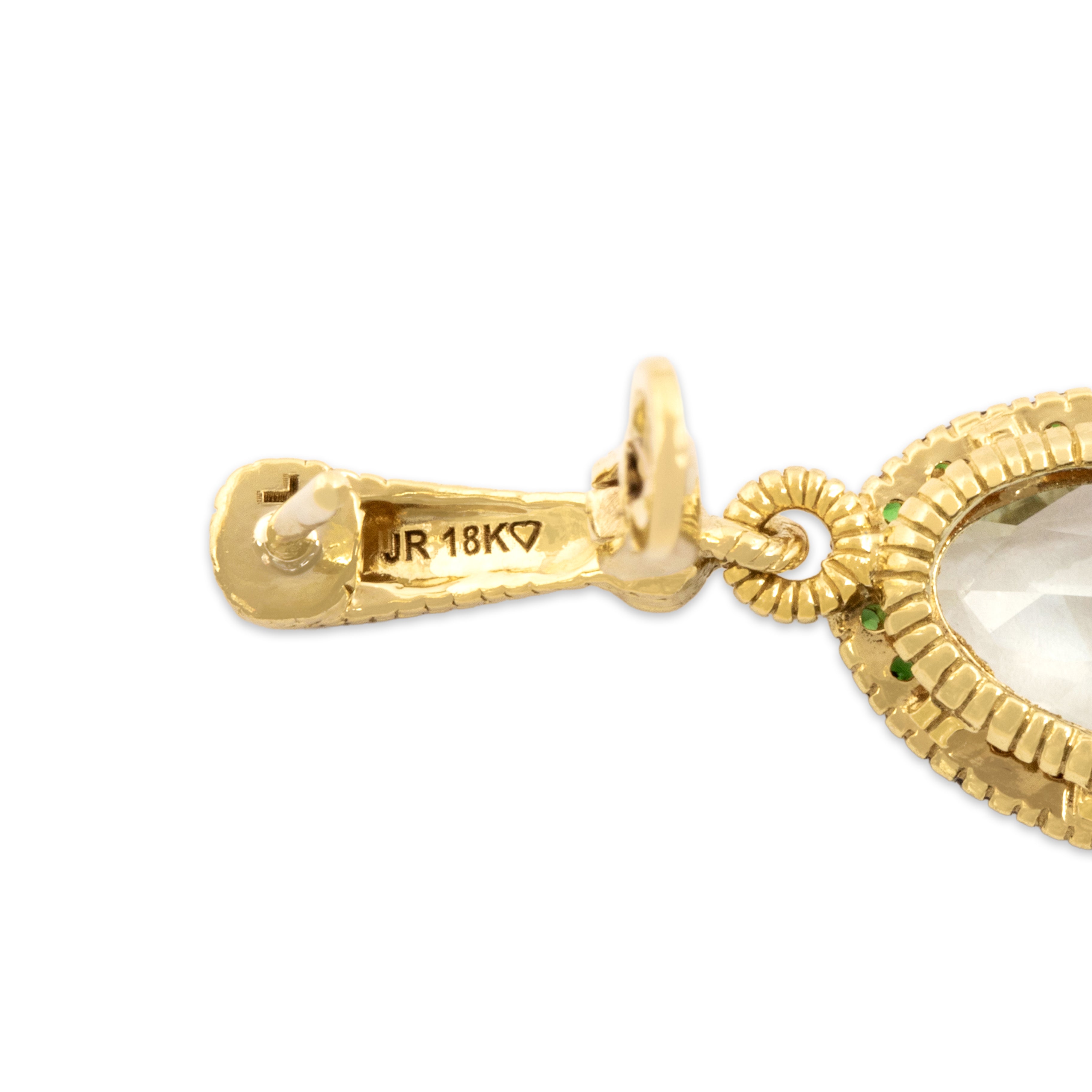 Estate Judith Ripka 18k Yellow Gold 13.17cttw Prasiolite 1.07cttw Tsavorite Garnet Diamond Fabulous Vivid Halo Dangle Earrings - Hallmark view