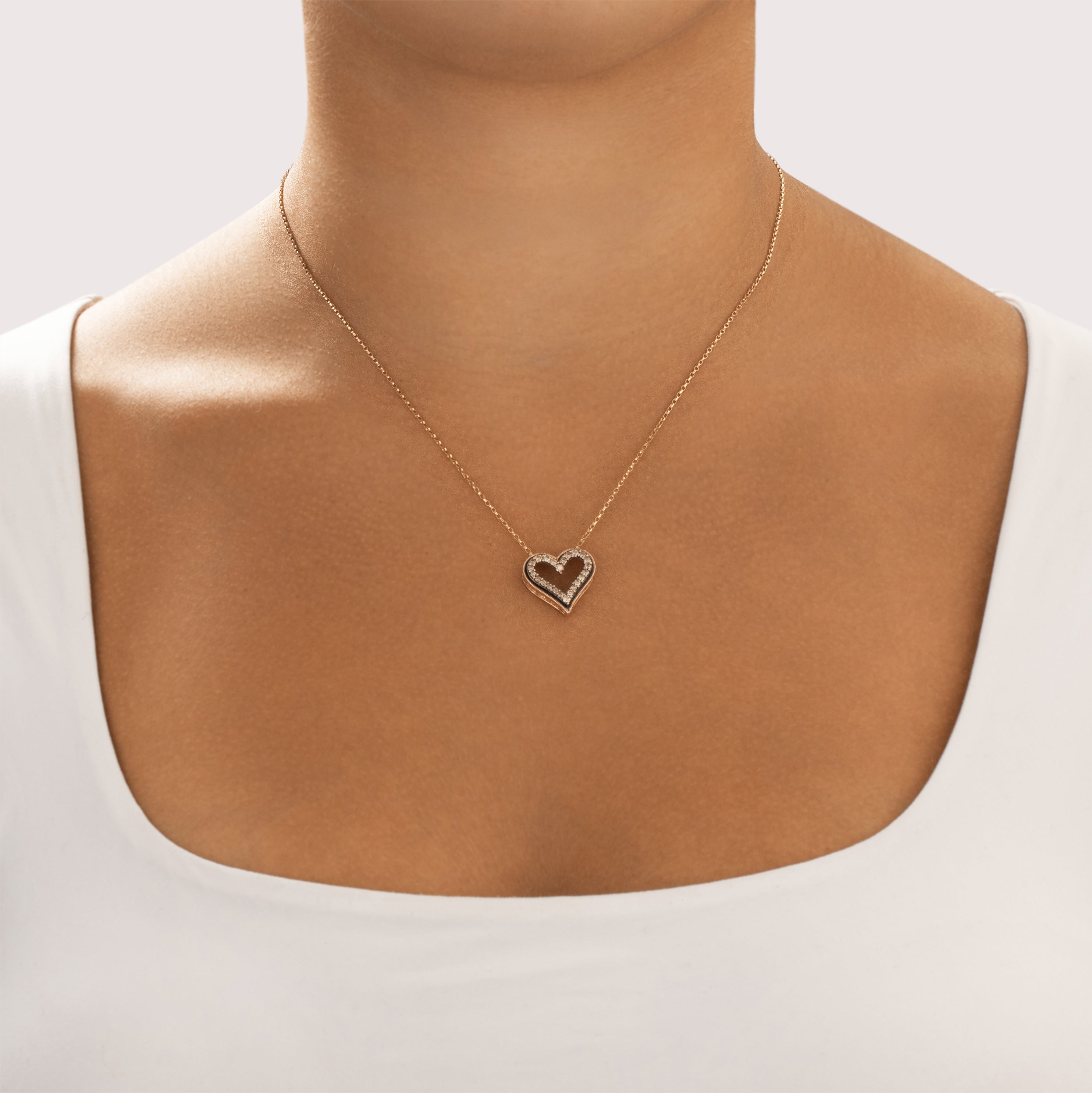Estate 10k Rose Gold Champagne Diamond Sparkling Sweet Heart Slide Pendant - On model view