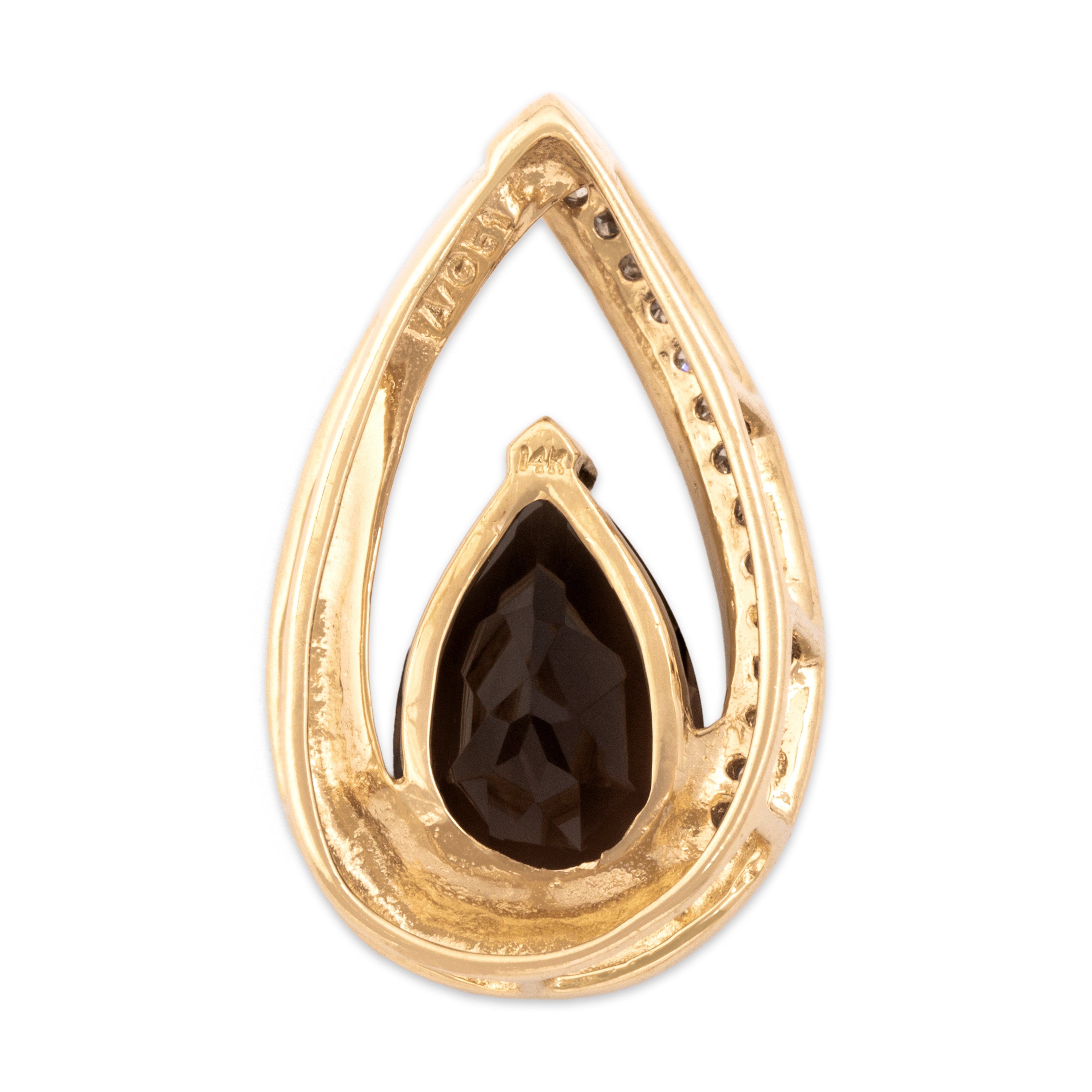 Vintage 14k Yellow Gold 2.44ct Smoky Quartz Diamond Chic Pear Slide Pendant - Back view