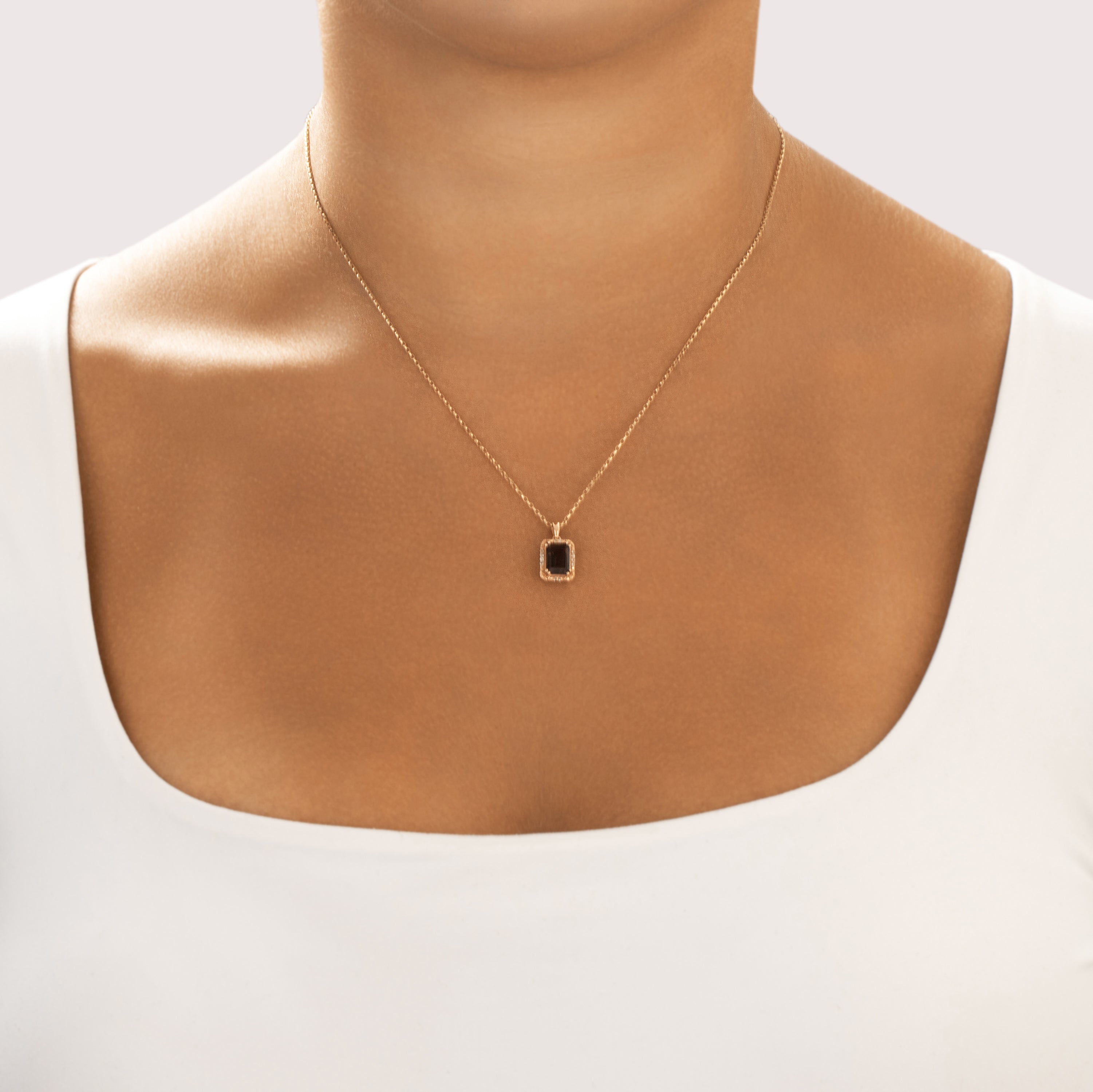 Estate 14k Rose Gold 1.33ct Smoky Quartz Diamond Modern Rectangular Pendant - On model view