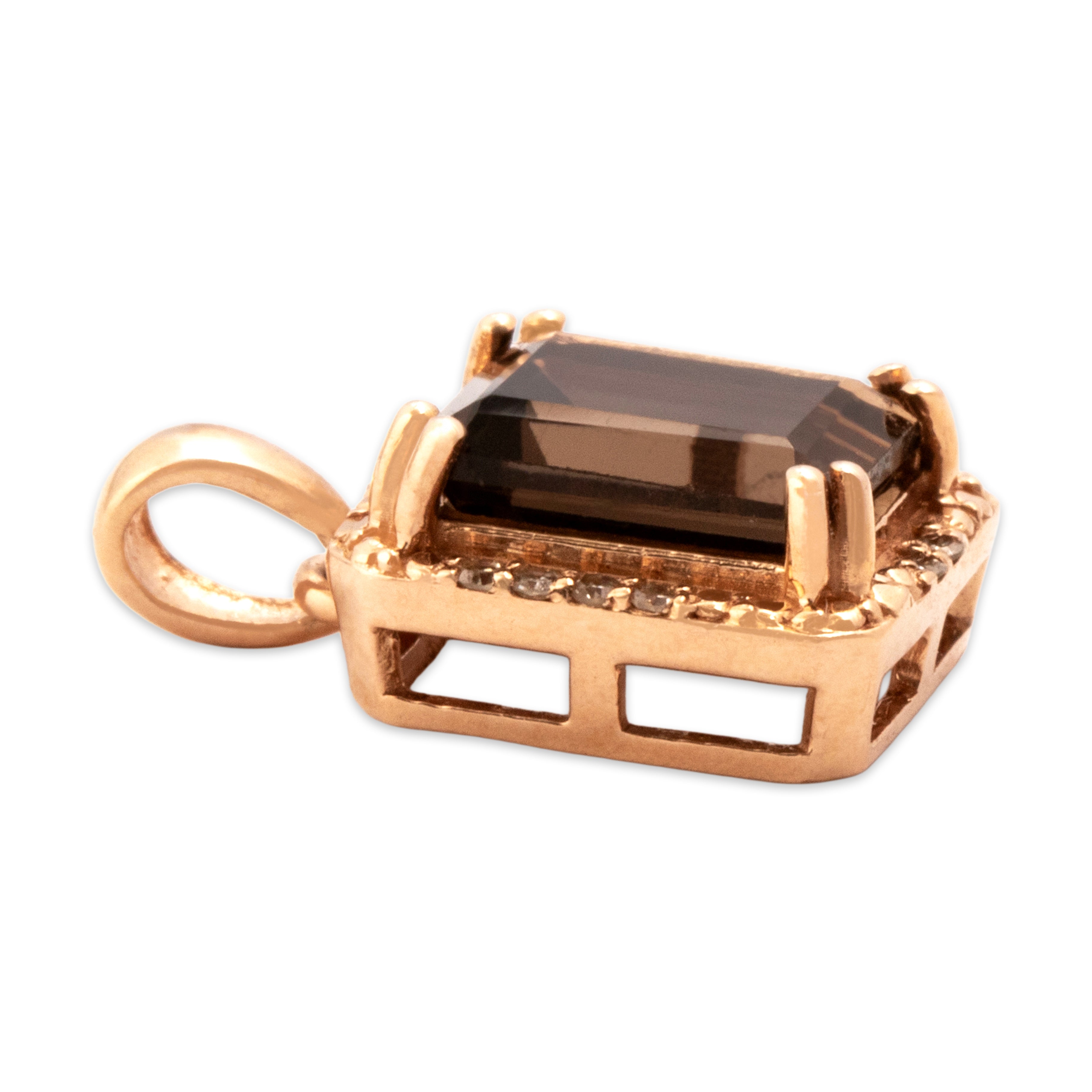 Estate 14k Rose Gold 1.33ct Smoky Quartz Diamond Modern Rectangular Pendant - Side view