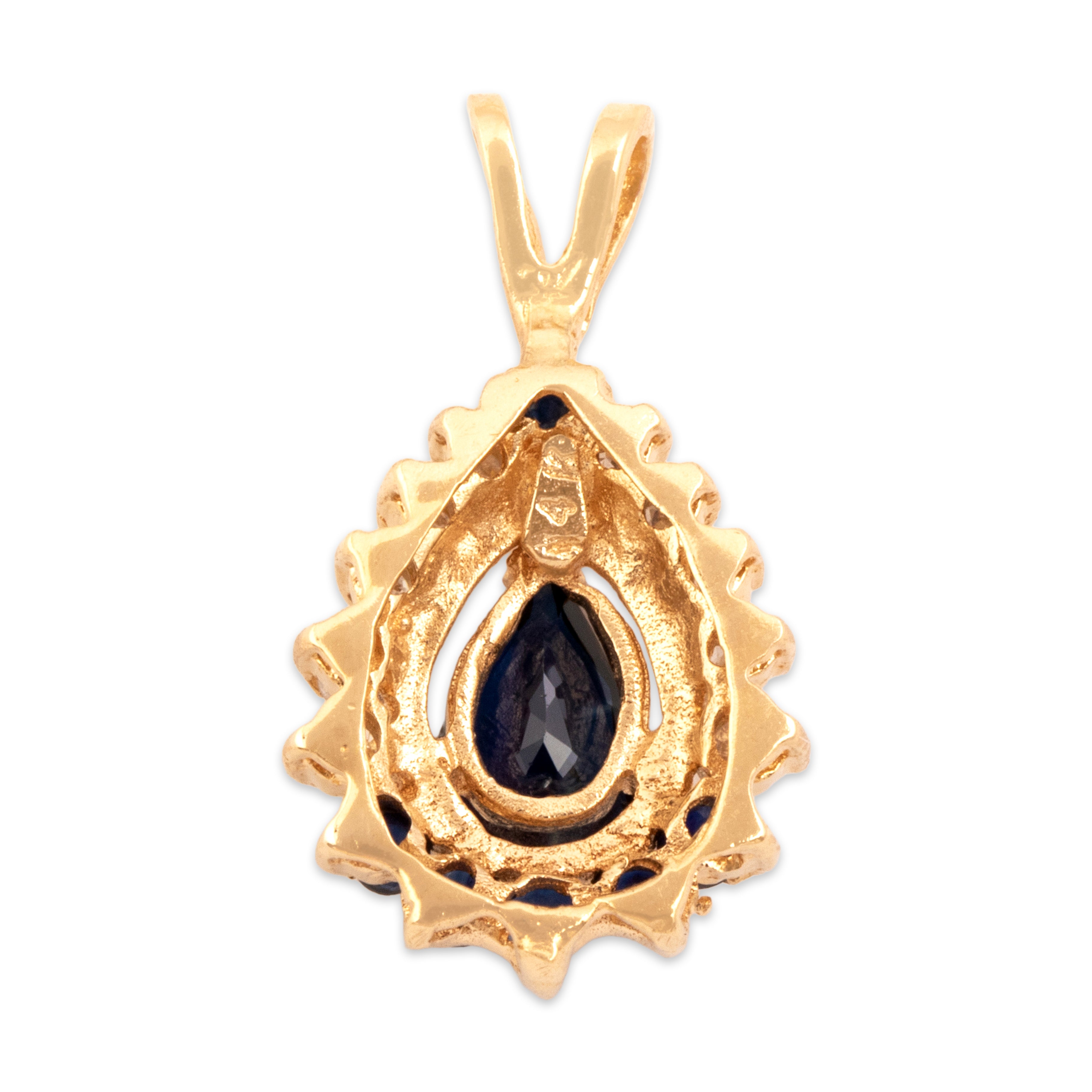 Vintage 14k Yellow Gold .62cttw Blue Sapphire Diamond Alternating Celestial Pear Halo Pendant - Back view