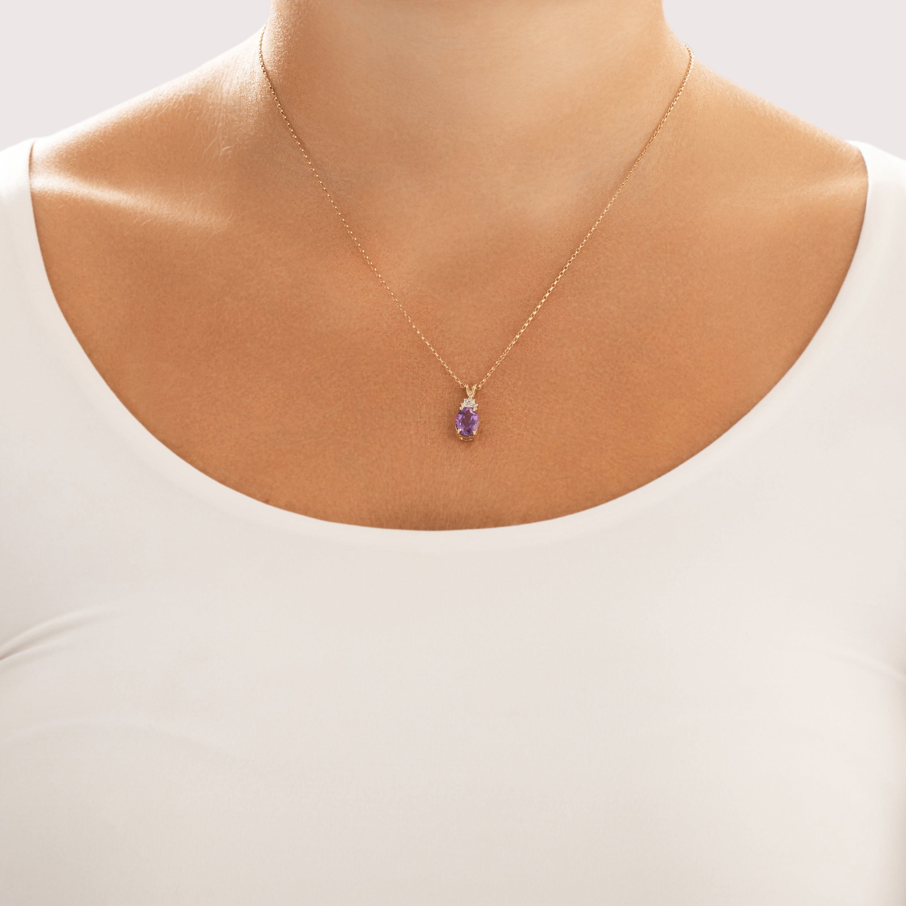 Vintage 14k Yellow Gold 1.58ct Amethyst Diamond Adorned Classic Oval Pendant - On model view