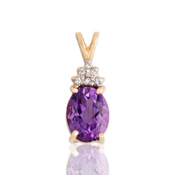 Vintage 14k Yellow Gold 1.58ct Amethyst Diamond Adorned Classic Oval Pendant