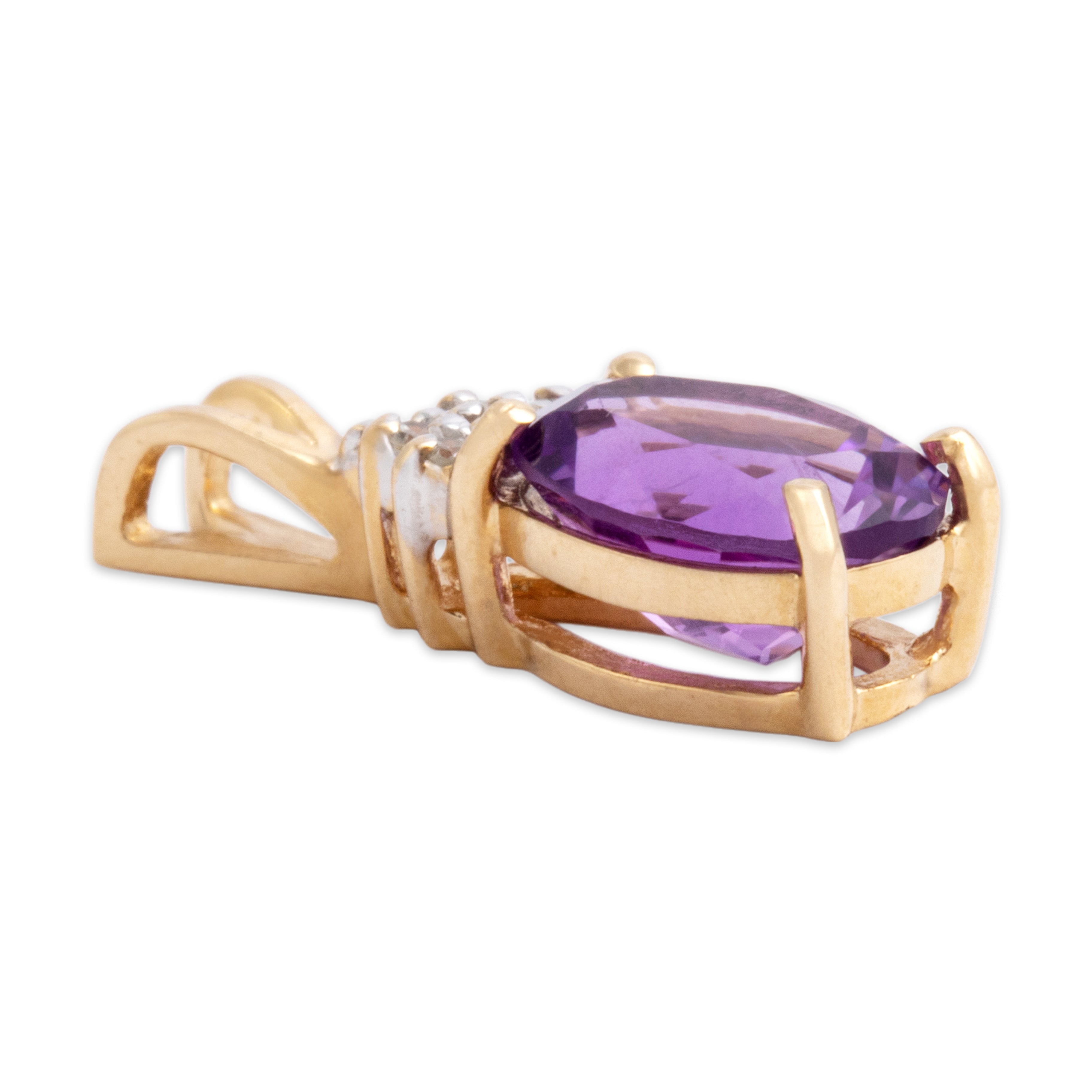 Vintage 14k Yellow Gold 1.58ct Amethyst Diamond Adorned Classic Oval Pendant - Side view