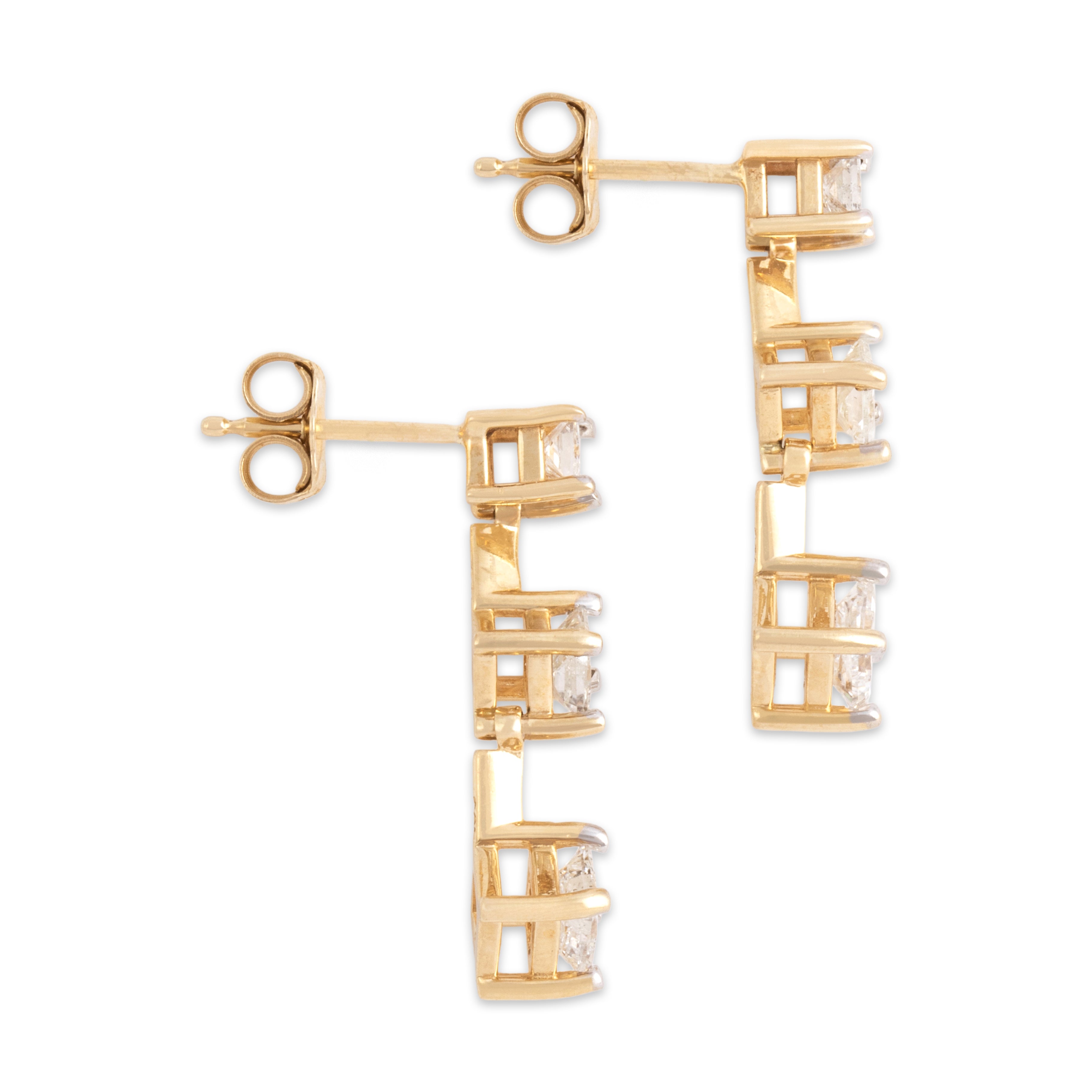 Vintage 14k Yellow Gold .65cttw Diamond Beautiful Graduating Princess-Cut Dangle Earrings - Side view