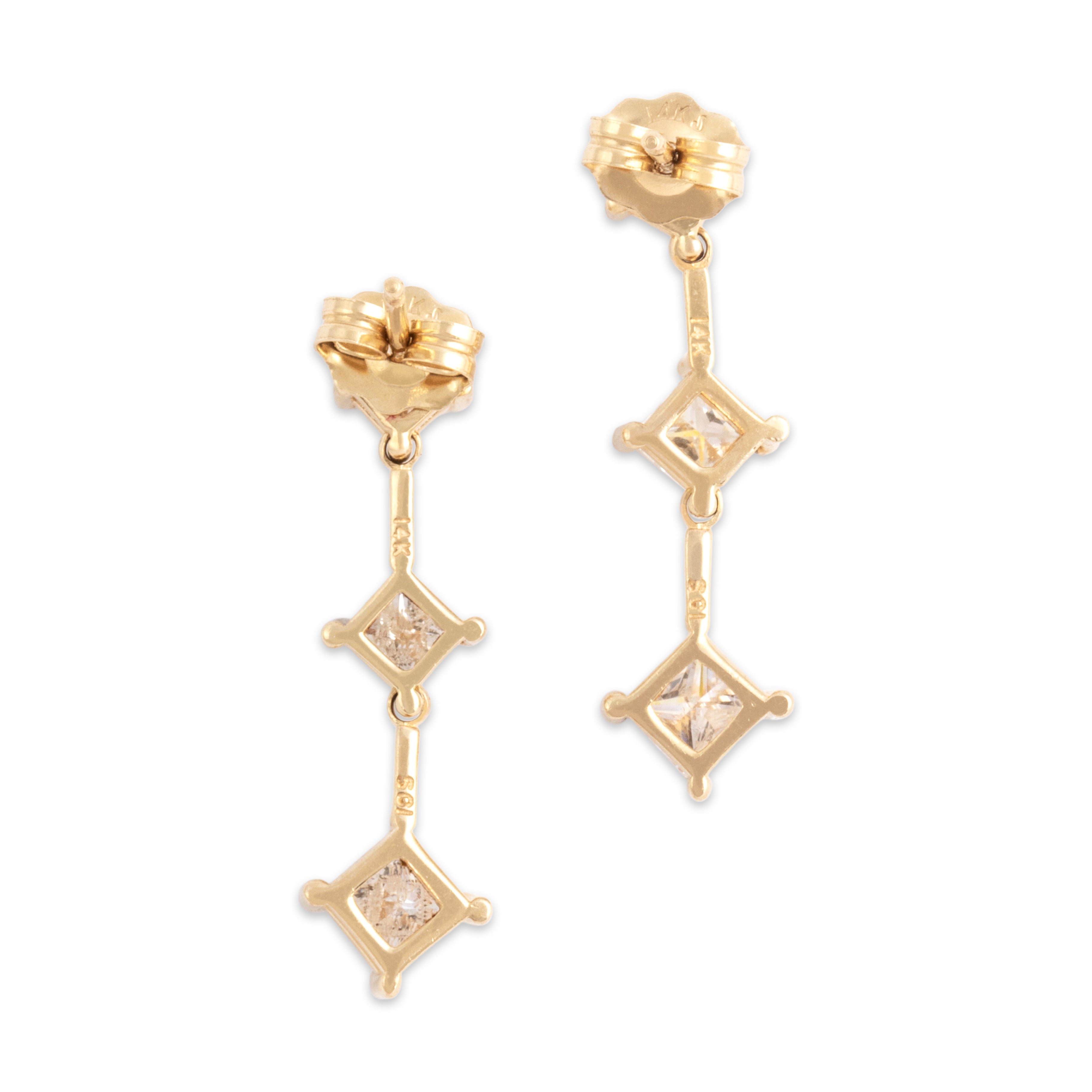 Vintage 14k Yellow Gold .65cttw Diamond Beautiful Graduating Princess-Cut Dangle Earrings - Back view
