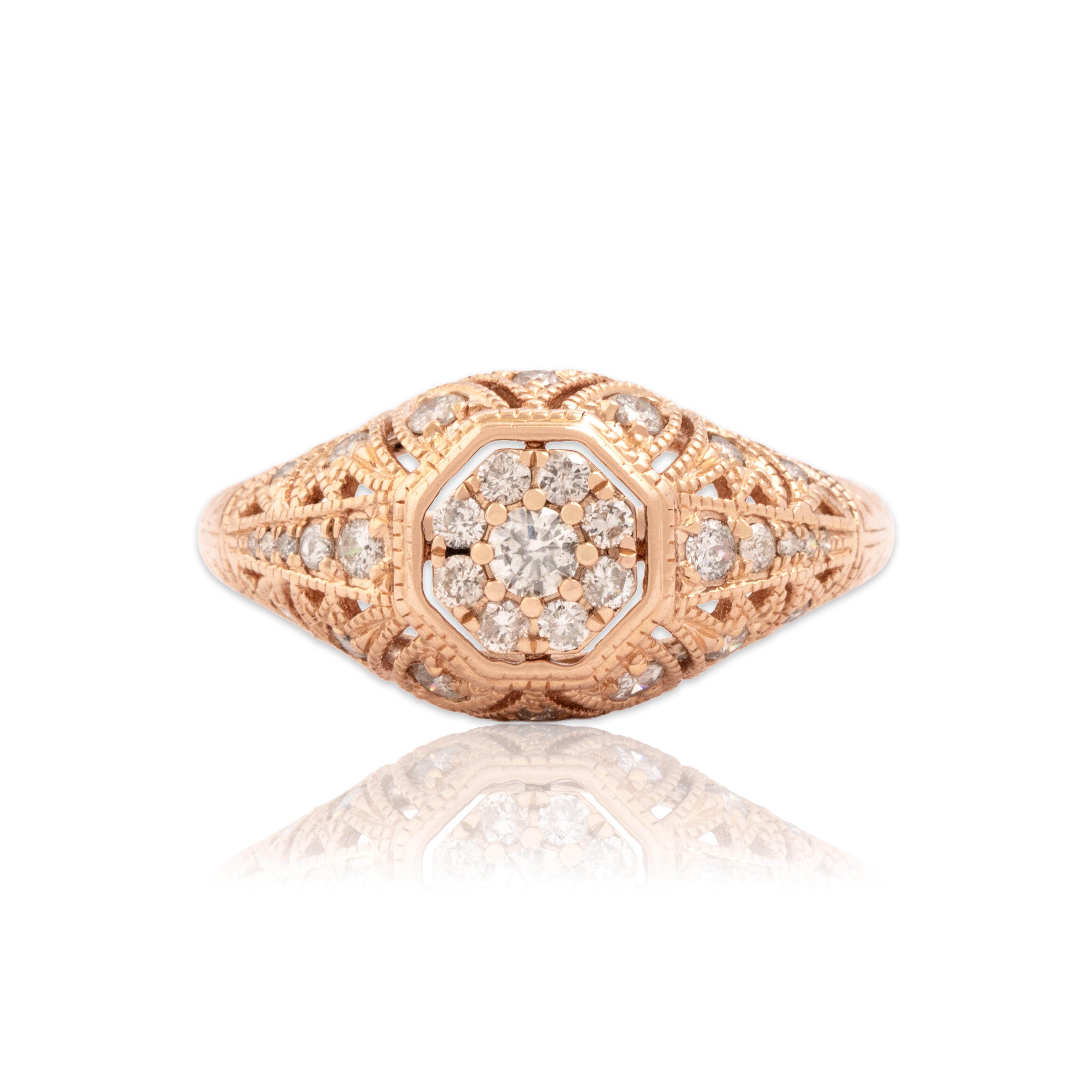 Vintage 14k Rose Gold .57cttw Diamond Hexagonal Milgrain Dome Ring - Close-up view