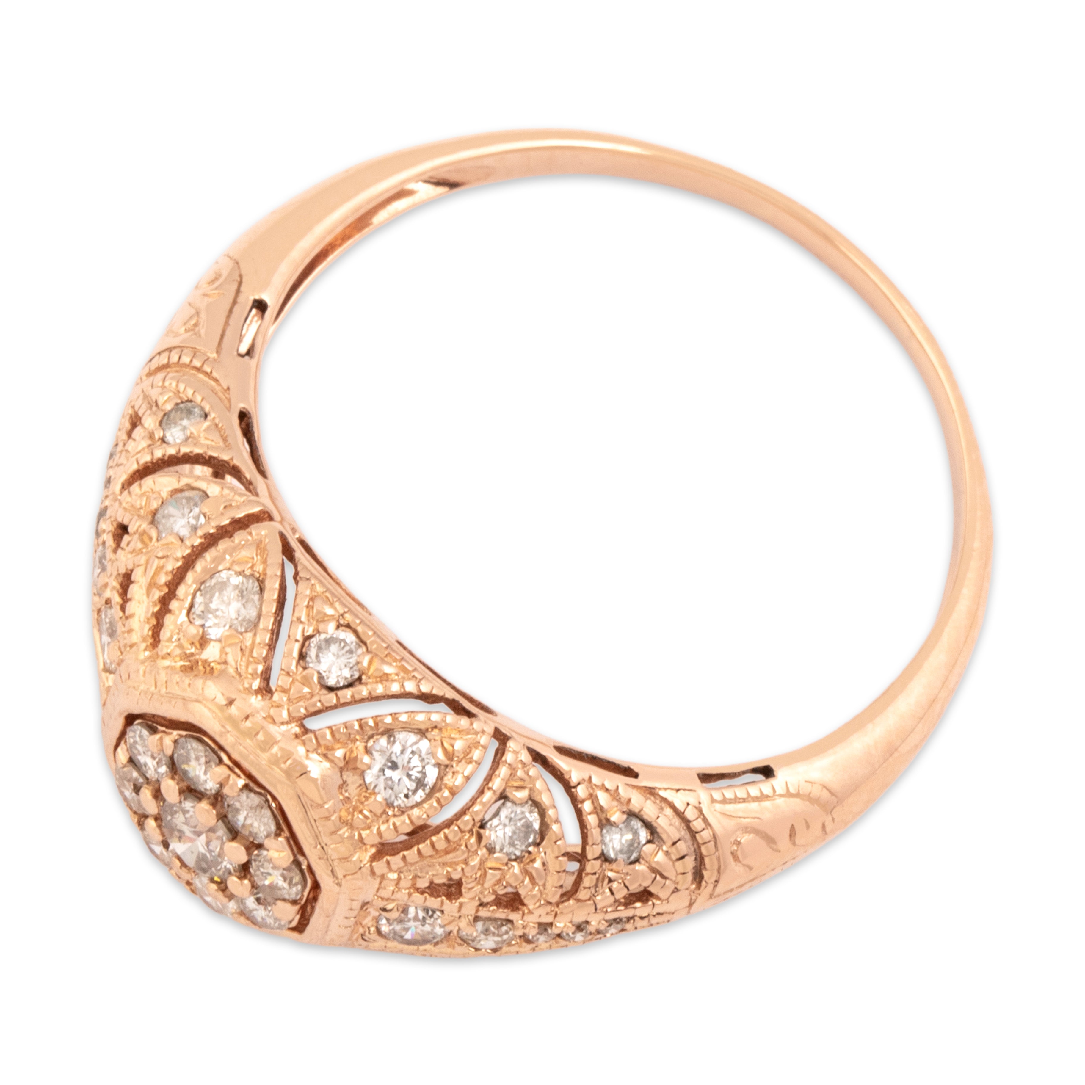 Vintage 14k Rose Gold .57cttw Diamond Hexagonal Milgrain Dome Ring - Overall view