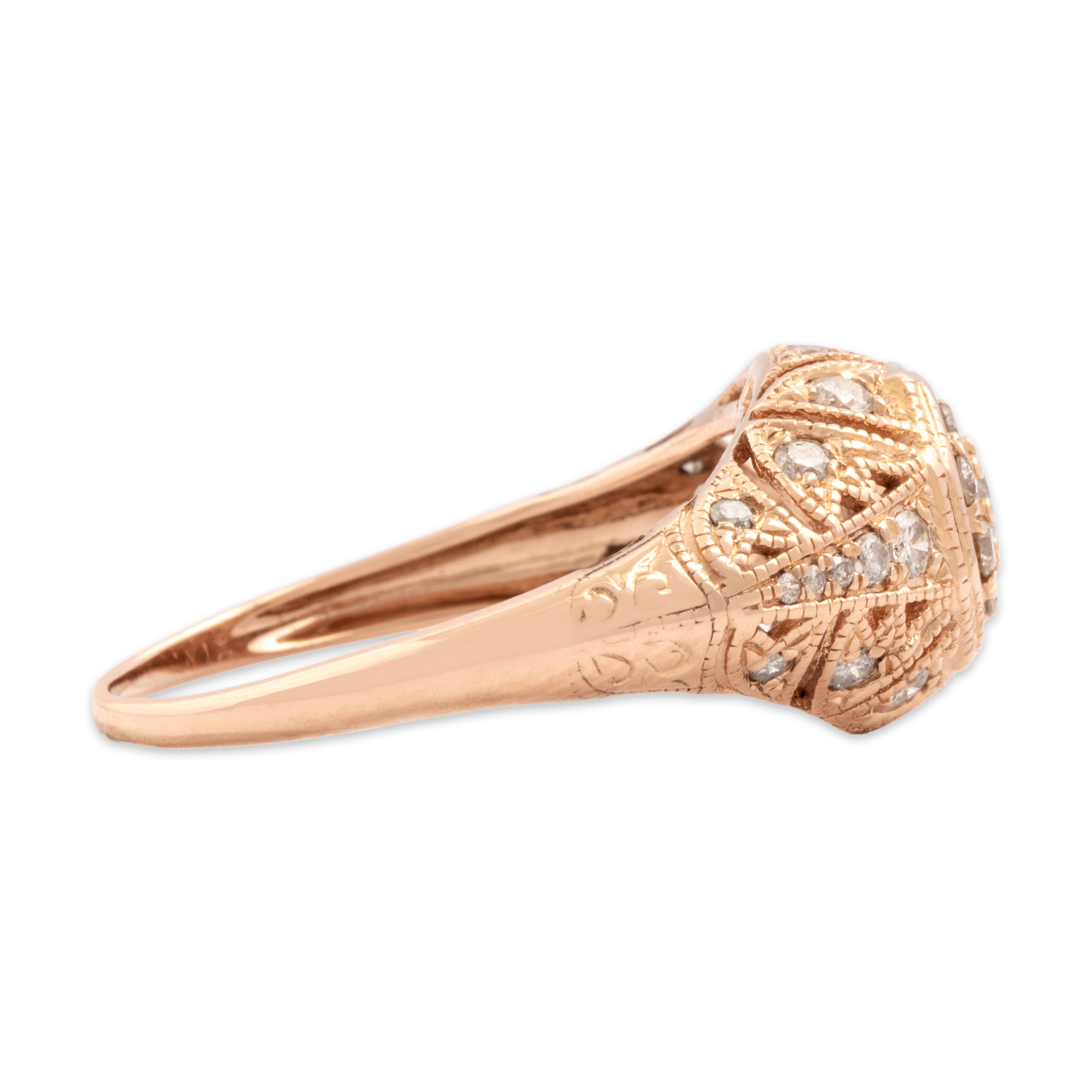 Vintage 14k Rose Gold .57cttw Diamond Hexagonal Milgrain Dome Ring - Side view