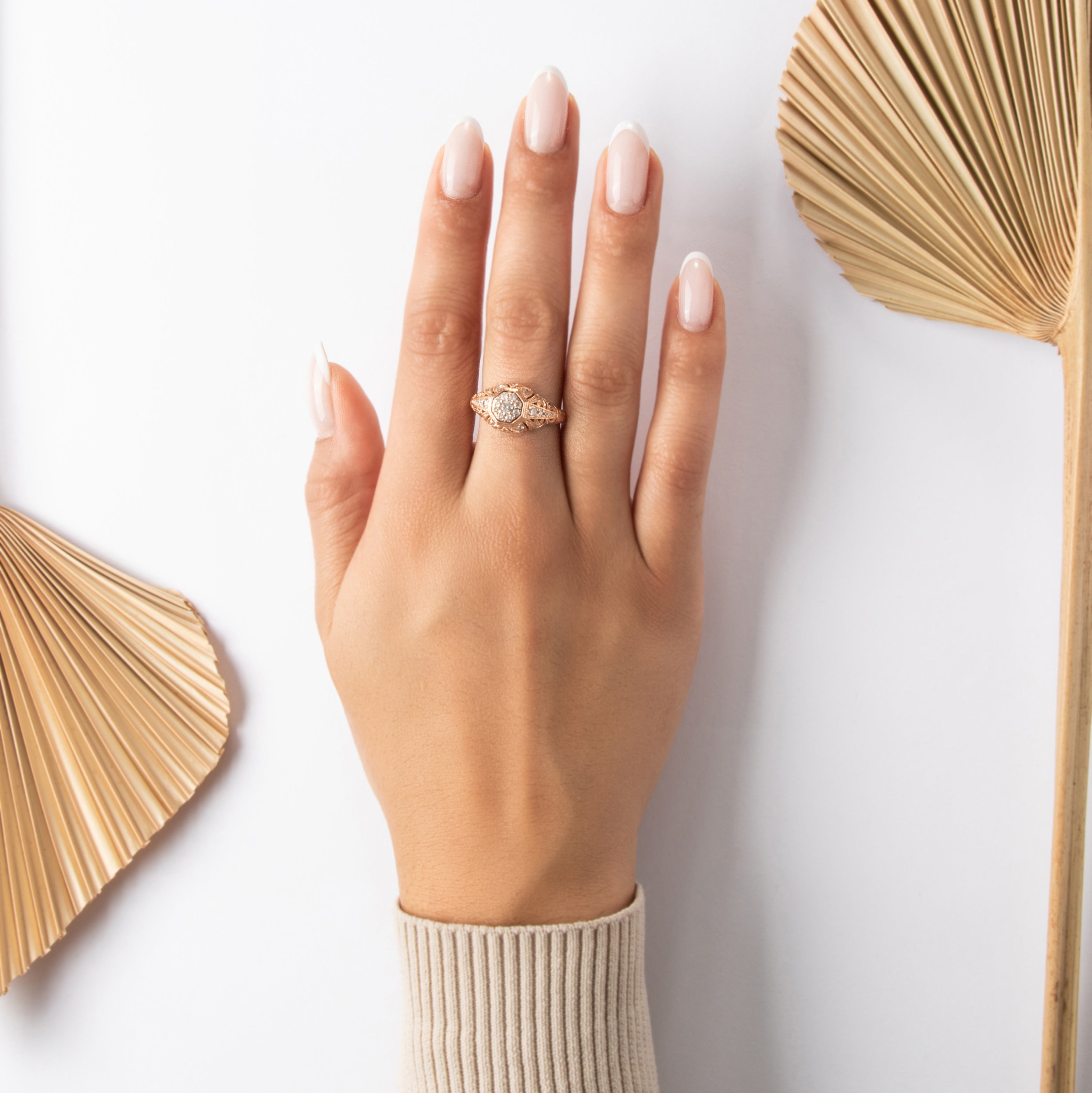Vintage 14k Rose Gold .57cttw Diamond Hexagonal Milgrain Dome Ring - On model view