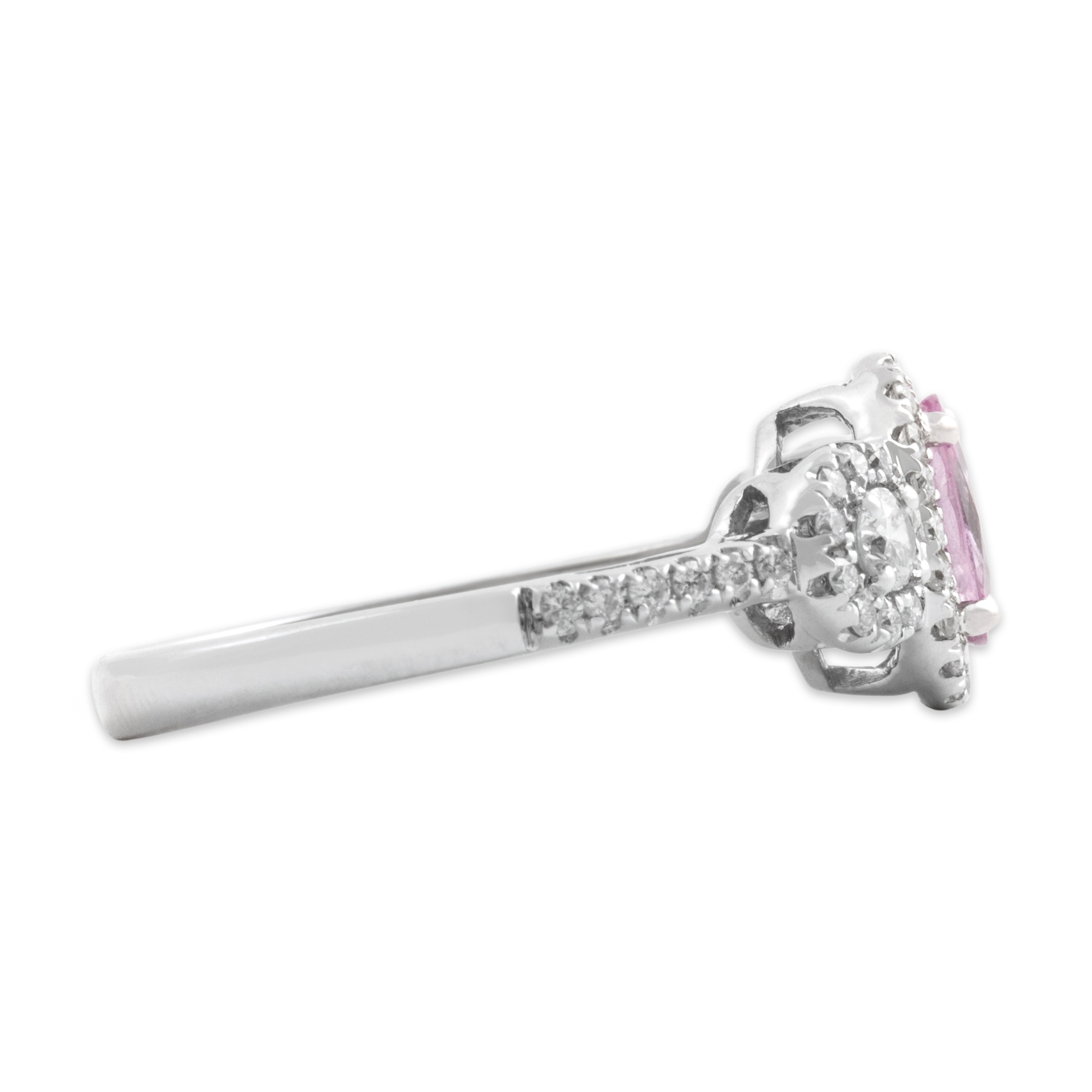 Estate 14k White Gold .7ct Pink Sapphire Diamond Dazzling Haloed Three-Stone Ring - Side view