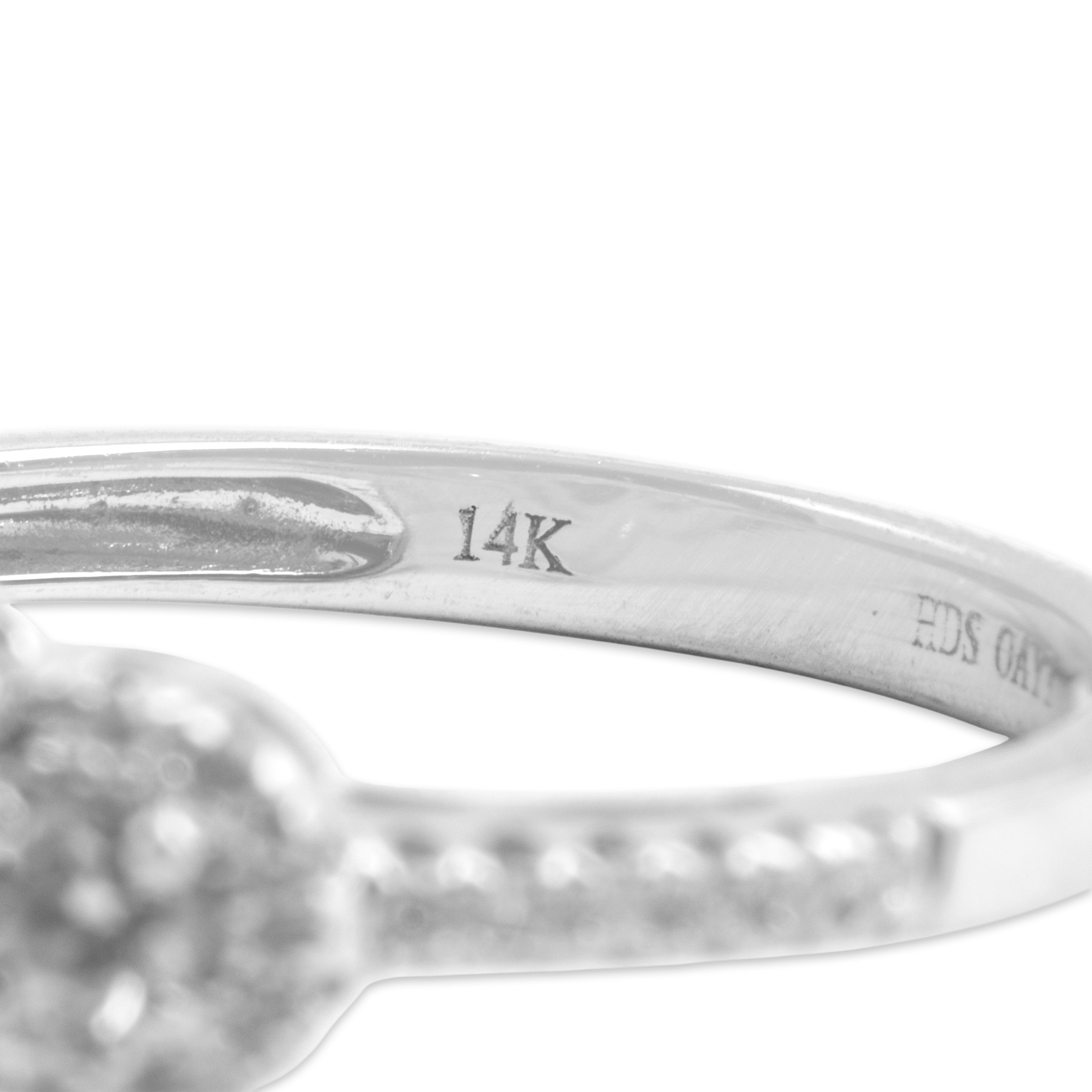 Estate 14k White Gold .7ct Pink Sapphire Diamond Dazzling Haloed Three-Stone Ring - Hallmark view