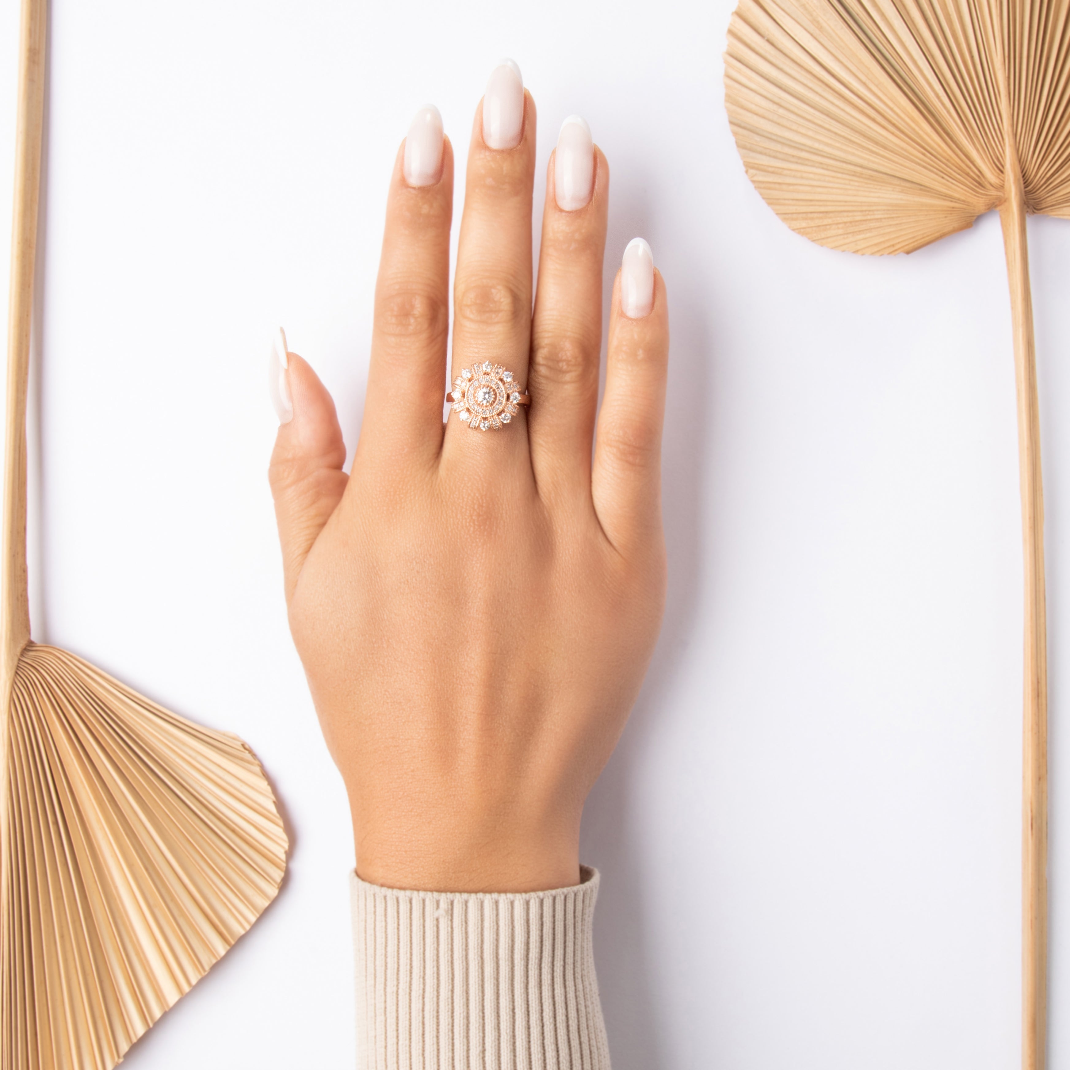 Estate 14k Rose Gold .71cttw Diamond Dazzling Detailed Disc Ring - On model view