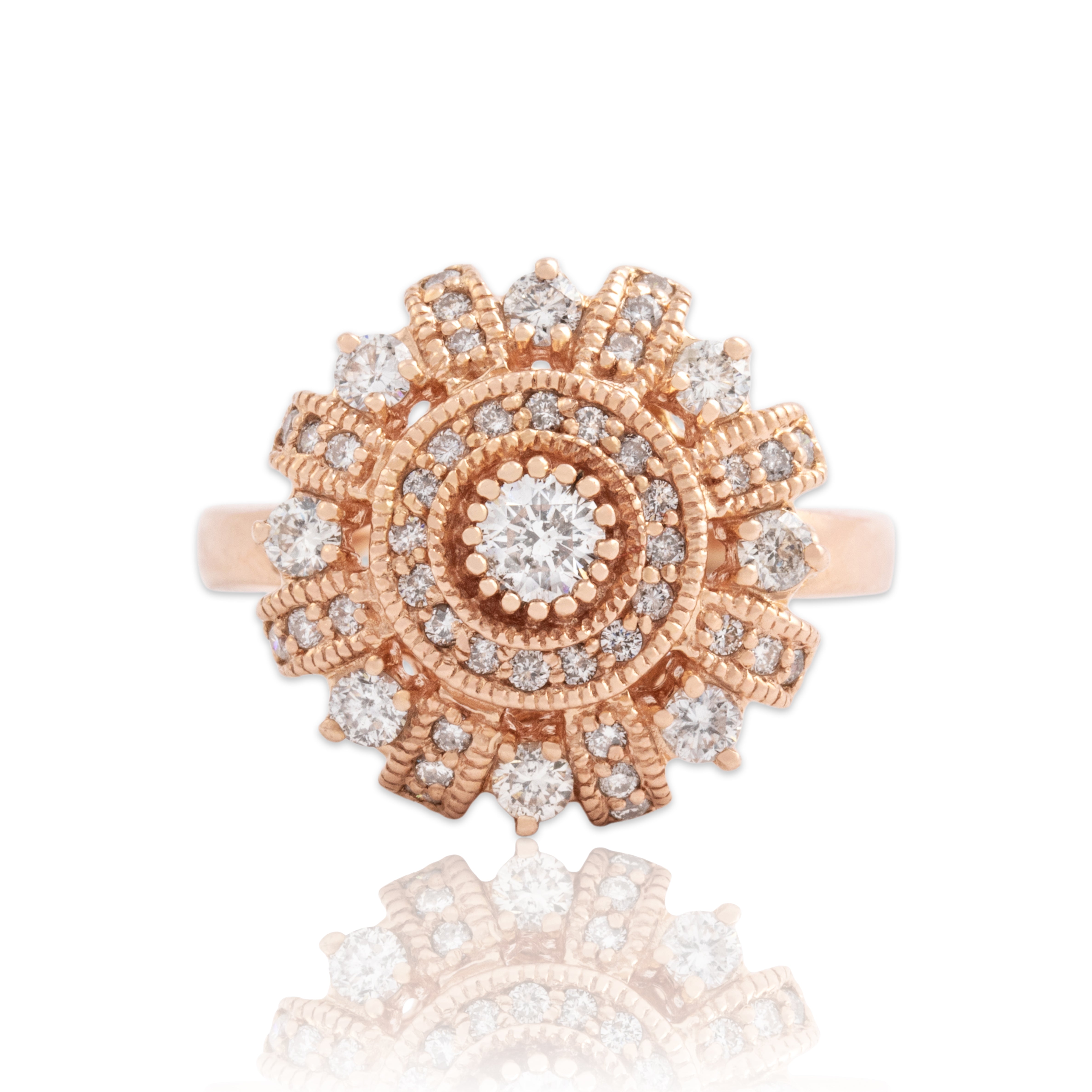 Estate 14k Rose Gold .71cttw Diamond Dazzling Detailed Disc Ring - Close-up view