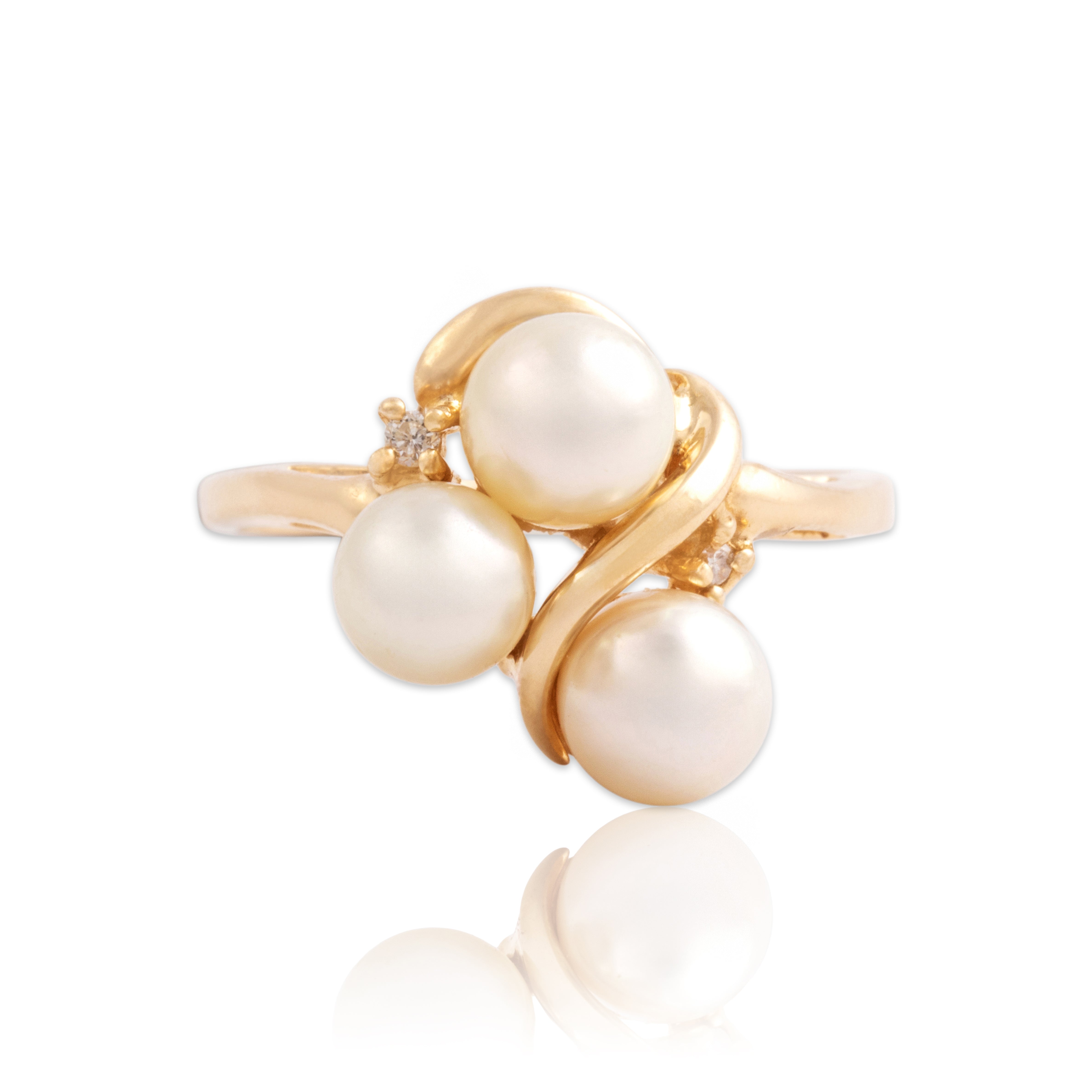 Vintage 14k Yellow Gold Diamond Pearl Swirling Luminous Cluster Ring - Close-up view