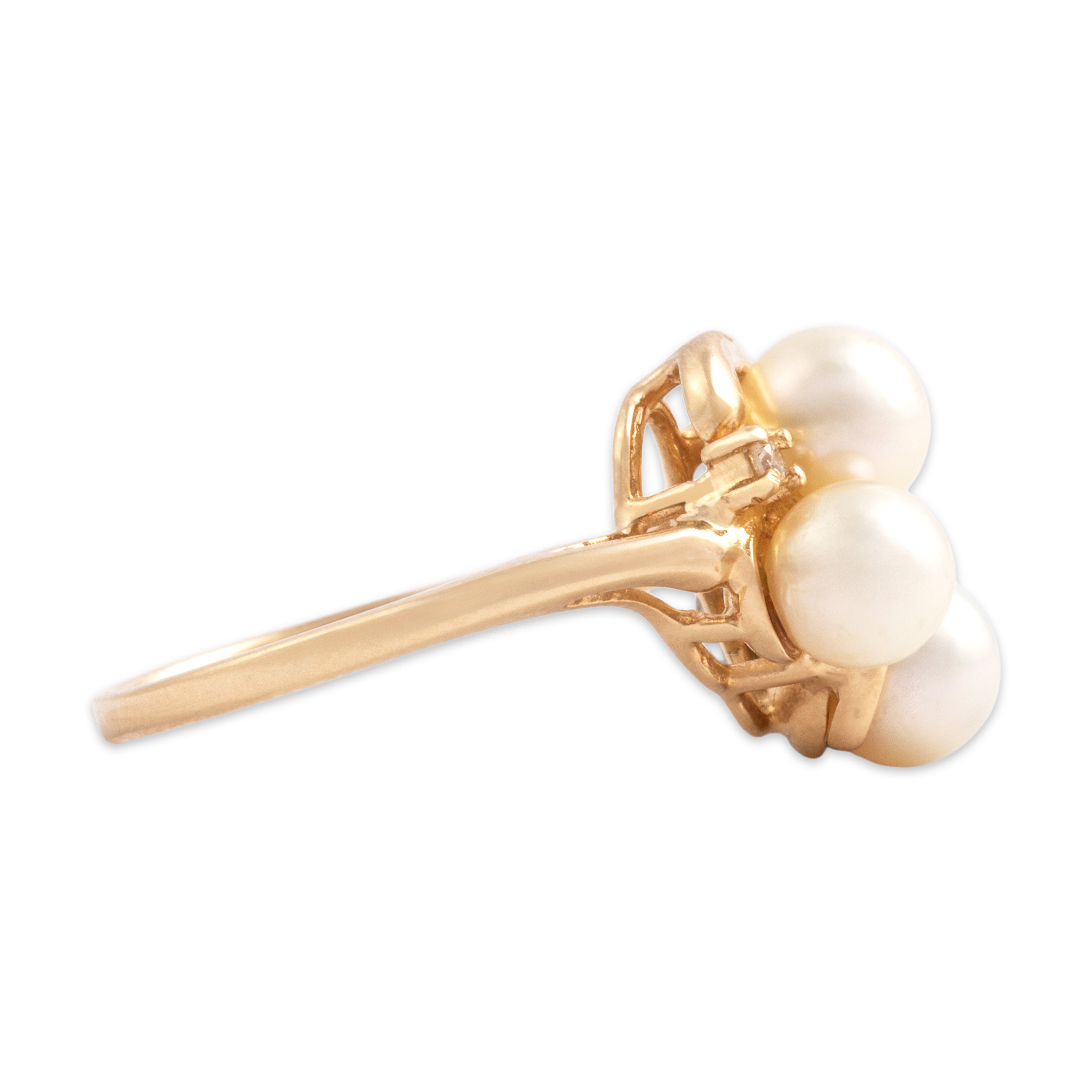 Vintage 14k Yellow Gold Diamond Pearl Swirling Luminous Cluster Ring - Side view