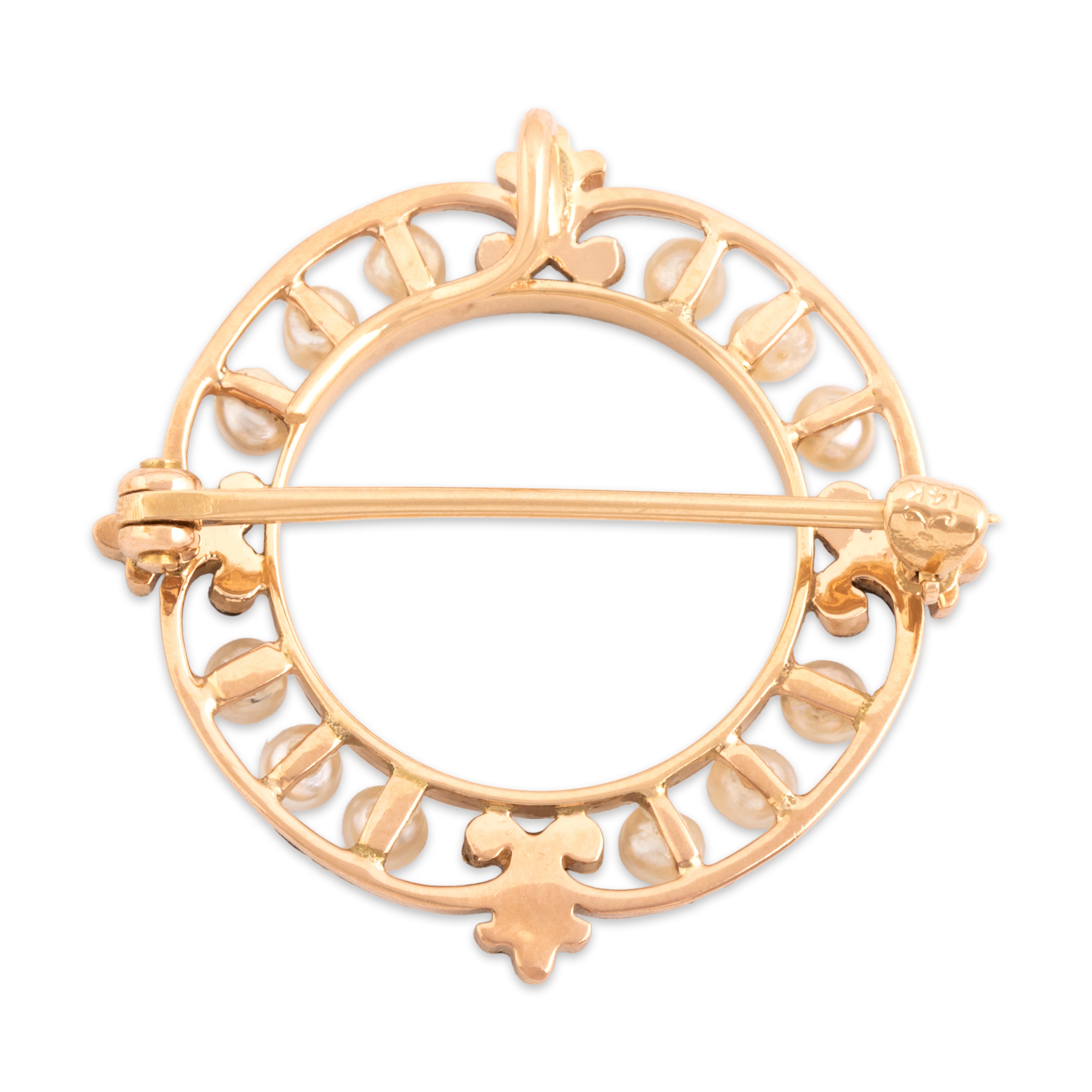 Vintage 14k Yellow Gold Pearl Open Black Enamel Accent Circle Brooch / Pin - Back view
