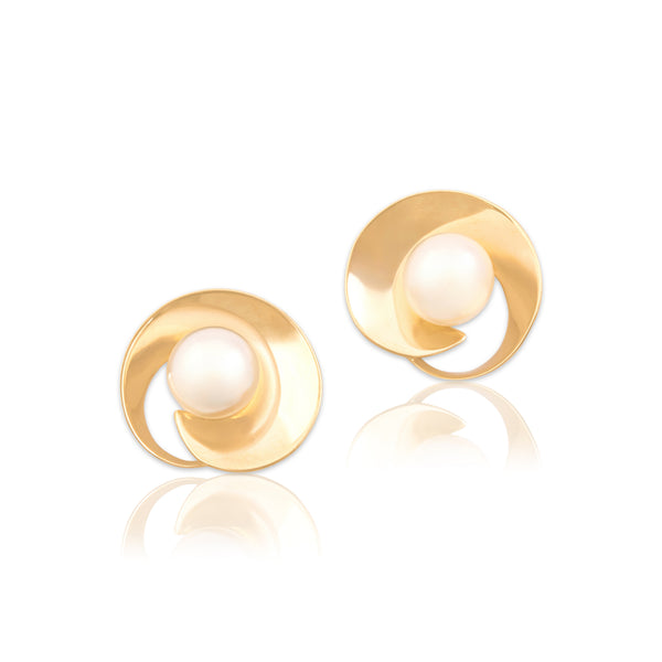 Vintage 14k Yellow Gold Pearl Luminous Artistic Swirl Stud Earrings