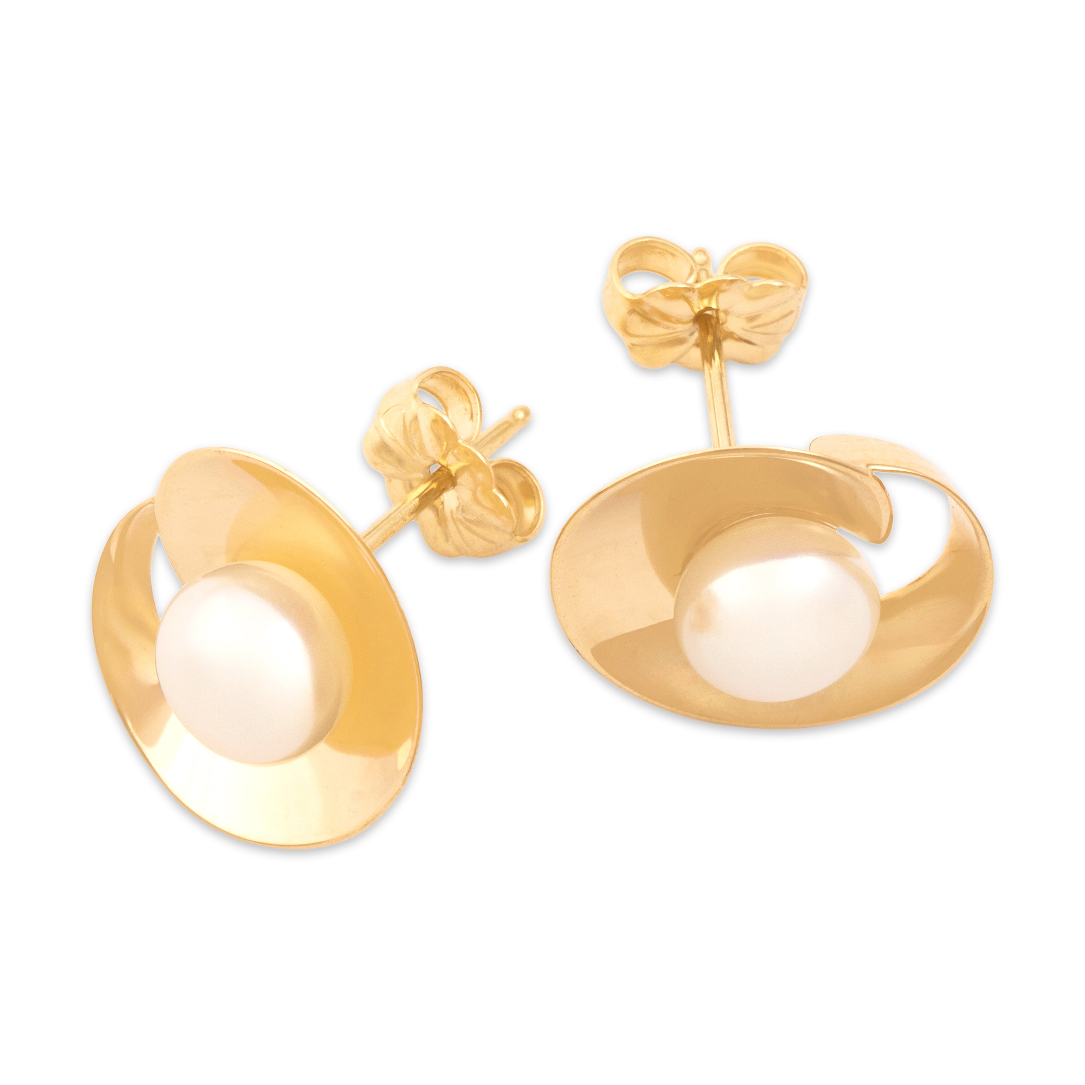 Vintage 14k Yellow Gold Pearl Luminous Artistic Swirl Stud Earrings - Overall view