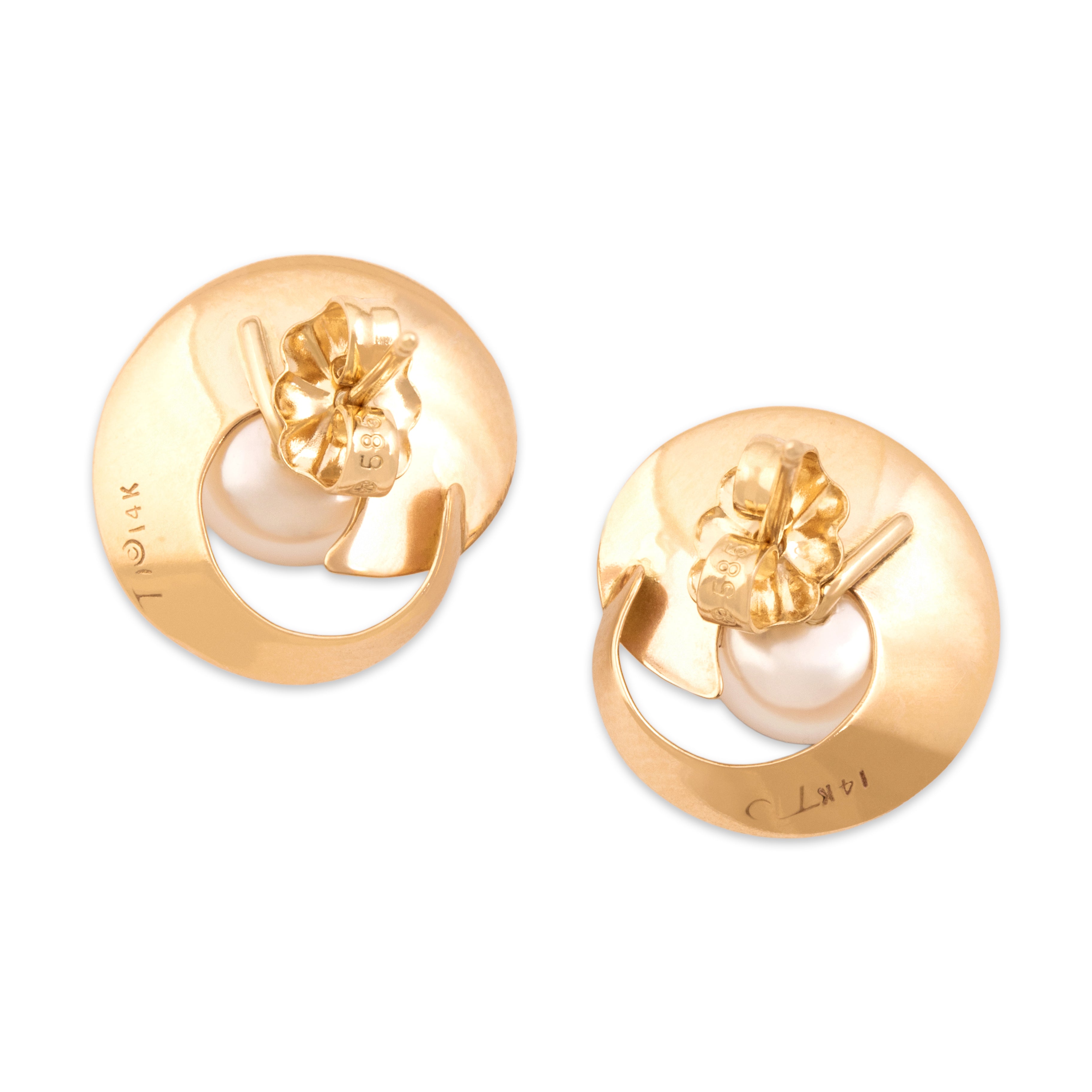 Vintage 14k Yellow Gold Pearl Luminous Artistic Swirl Stud Earrings - Back view