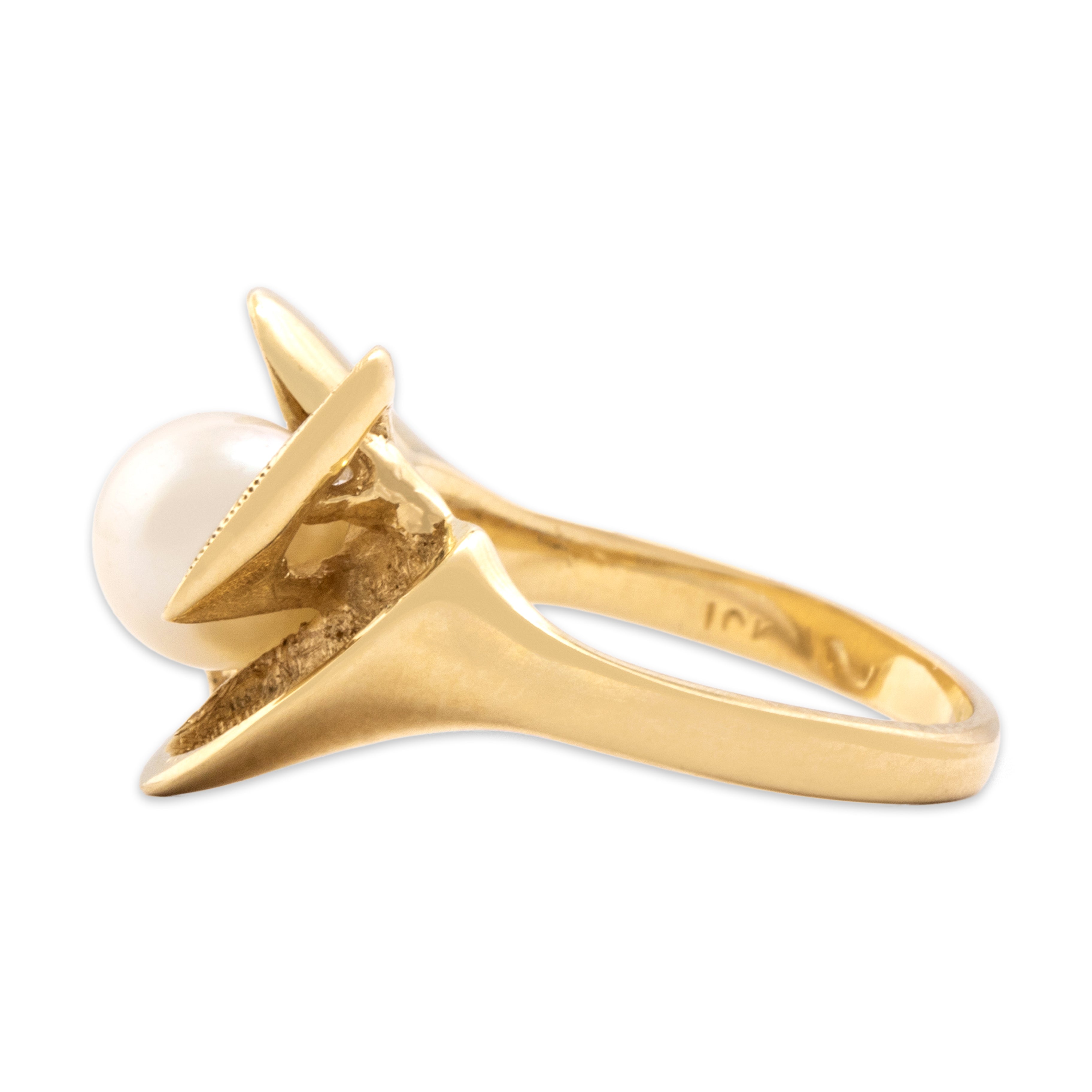 Vintage 10k Yellow Gold Diamond Pearl Textured Lustrous Nest Ring - Side view