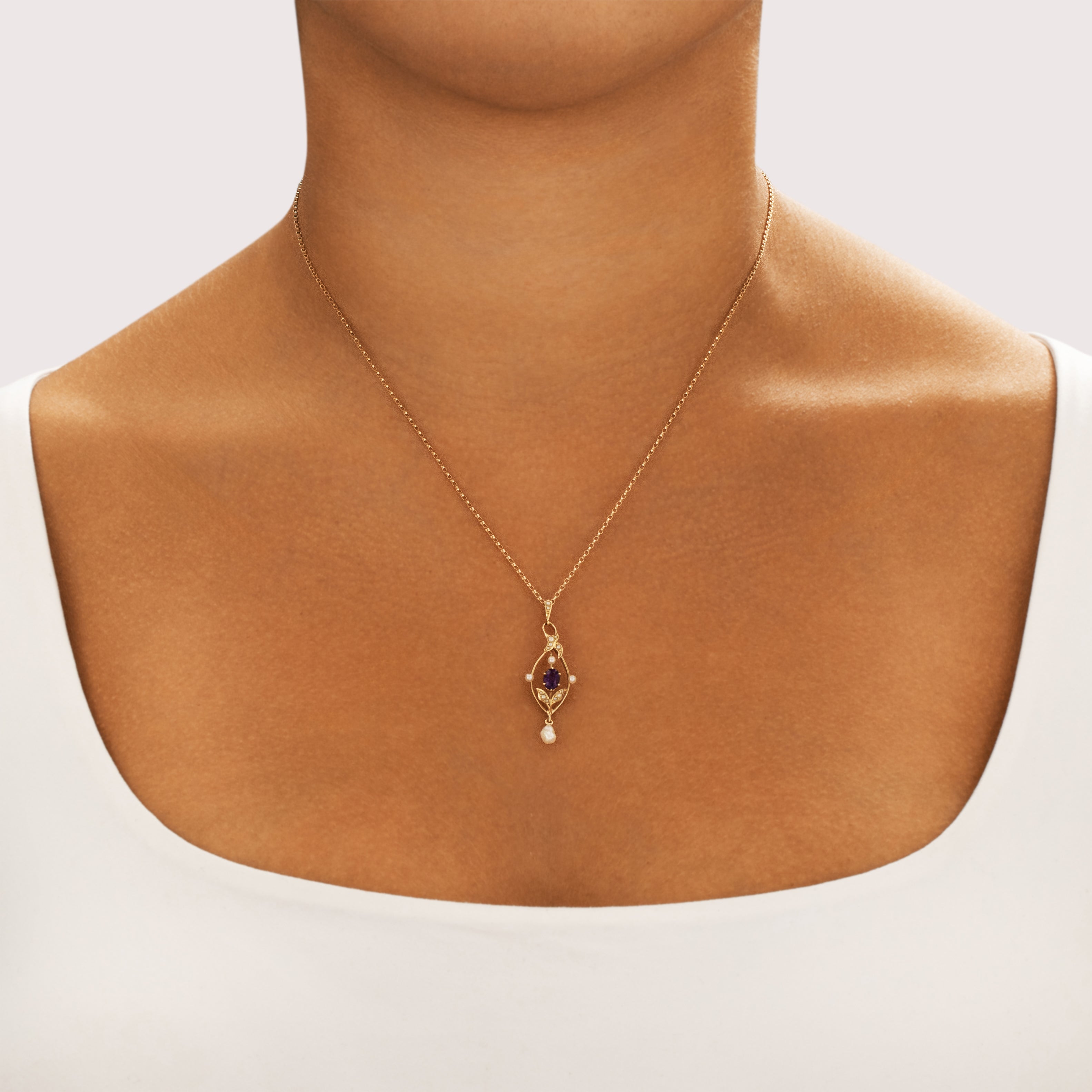 Antique 14k Yellow Gold Amethyst Baroque Pearl Lovely Leafy Purple Lavalier Pendant - On model view