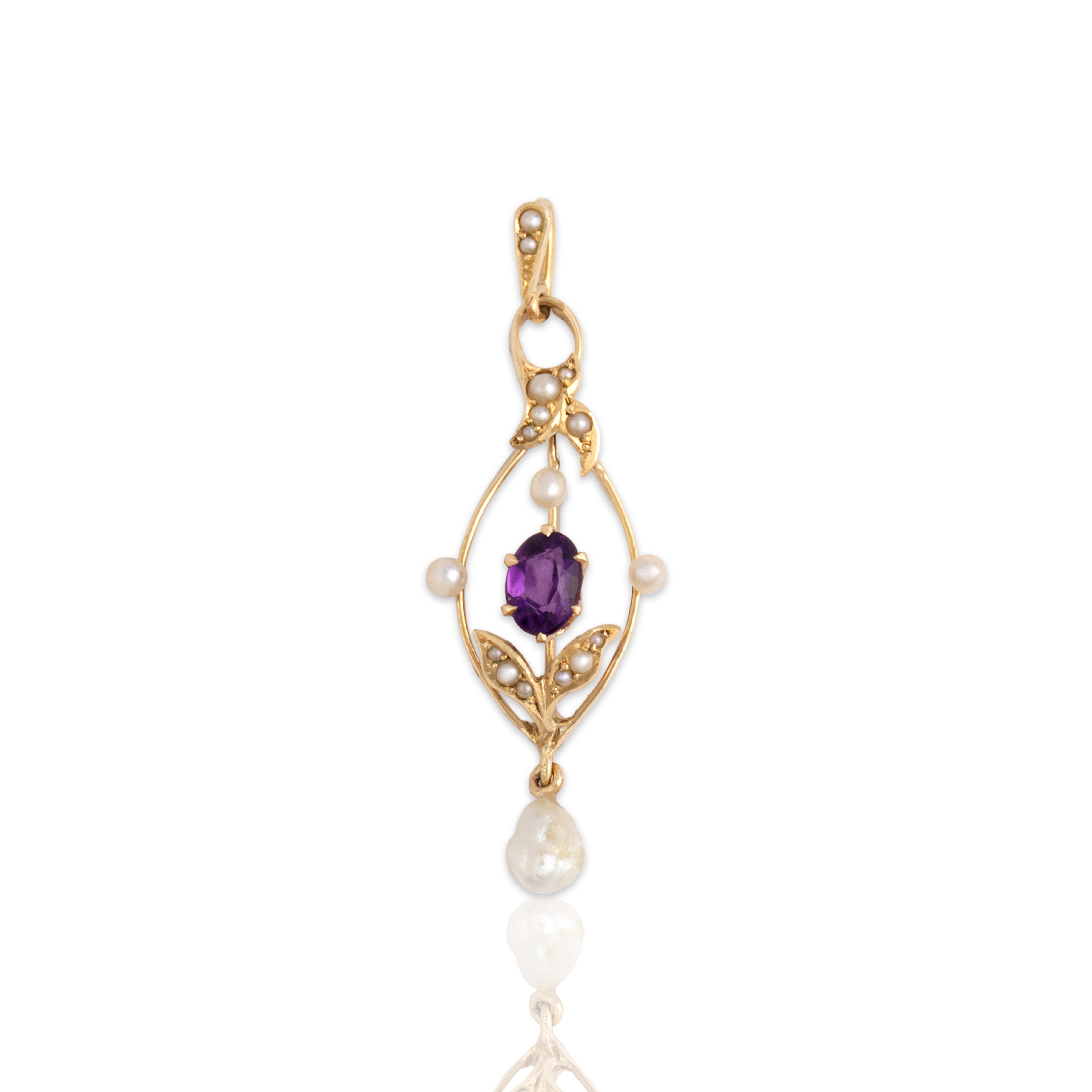 Antique 14k Yellow Gold Amethyst Baroque Pearl Lovely Leafy Purple Lavalier Pendant - Close-up view
