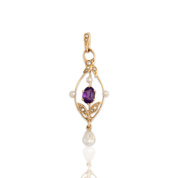 Antique 14k Yellow Gold Amethyst Baroque Pearl Lovely Purple Lavalier Pendant